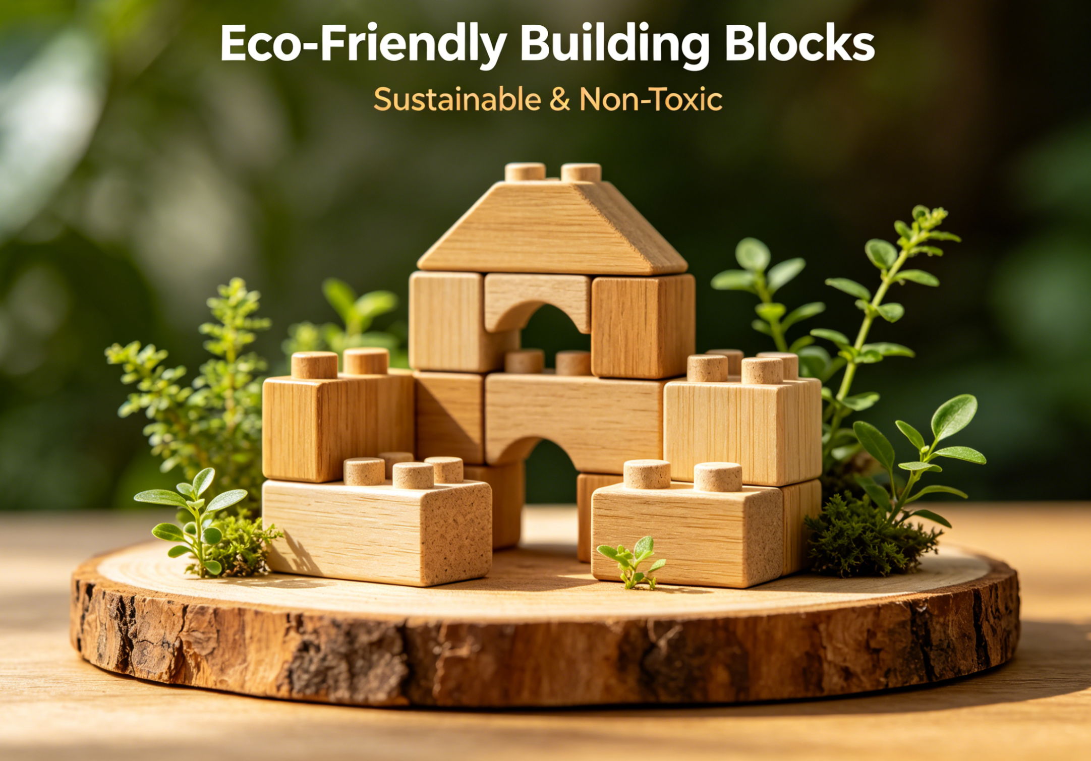 A child playing with various eco-friendly building blocks on a natural wooden table