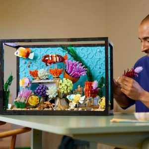 A vibrant display of the Tropical Aquarium 10366 Icons building set featuring colorful fish and coral