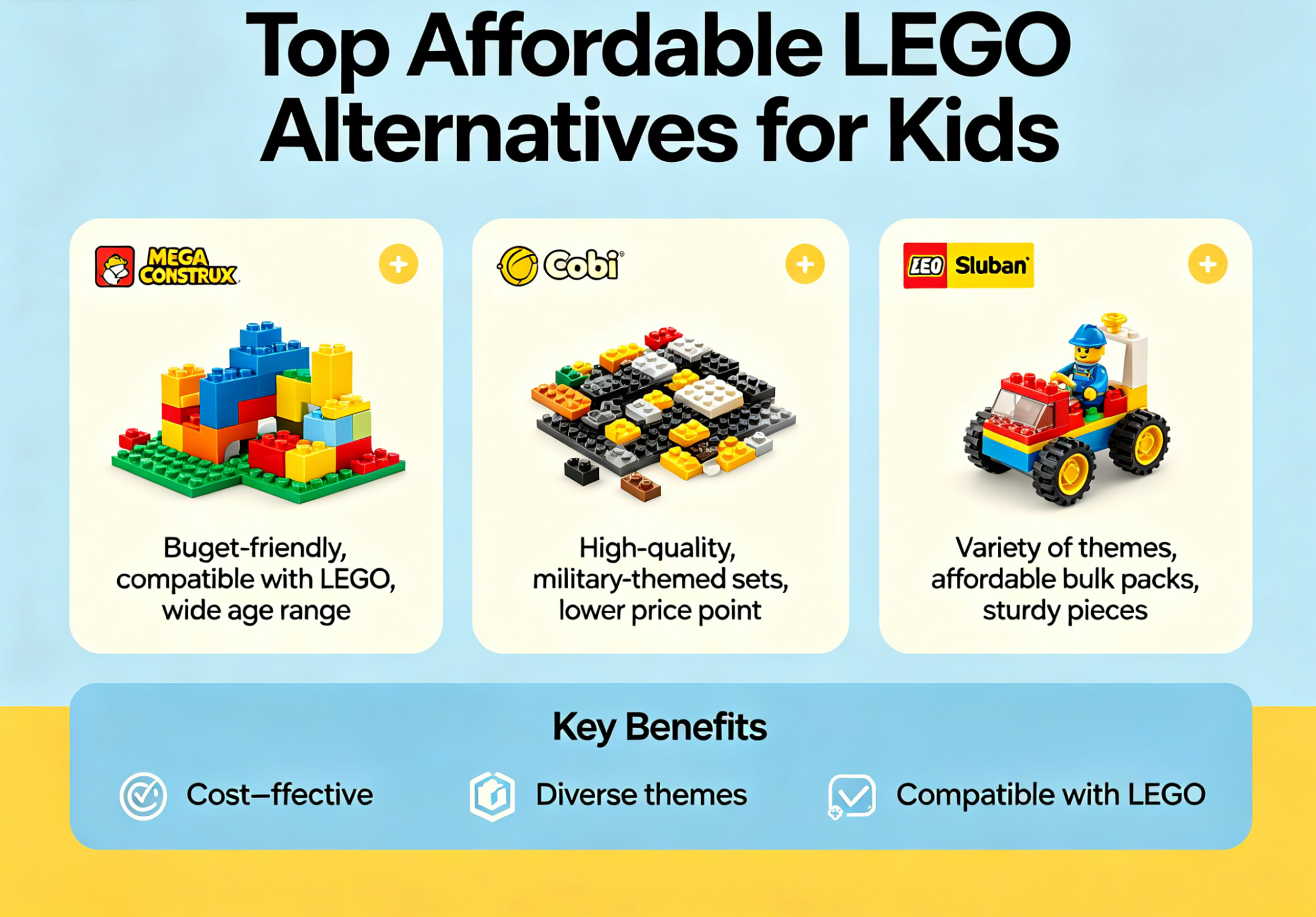A variety of colorful interlocking building block sets for kids and adults