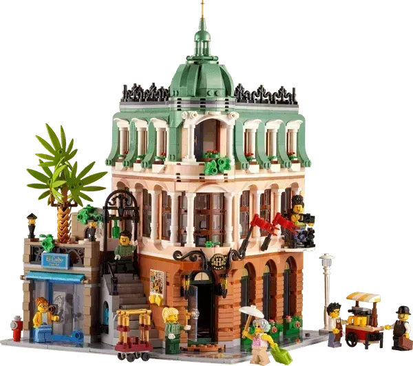 A detailed view of the LEGO Boutique Hotel 10297 Creator Expert set fully assembled