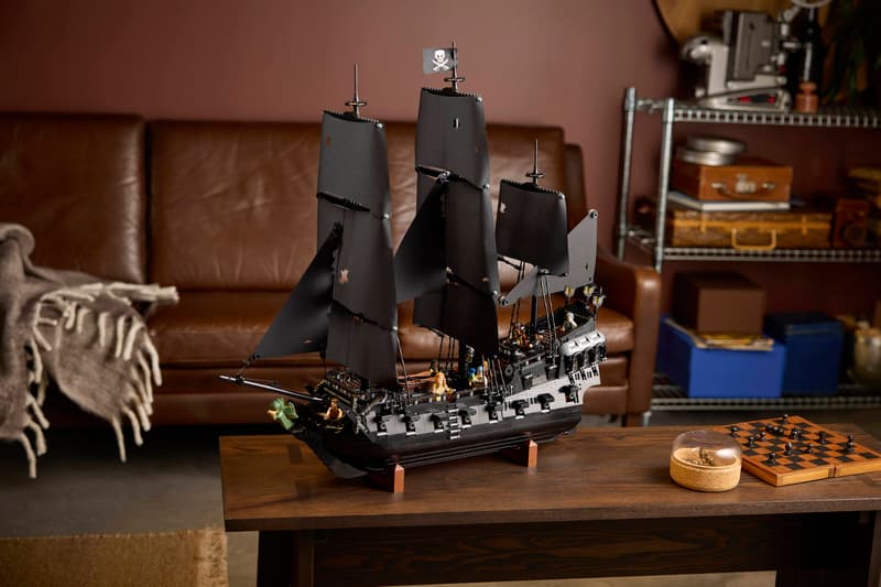 A grand and detailed model of Captain Jack Sparrow's pirate ship with tattered black sails