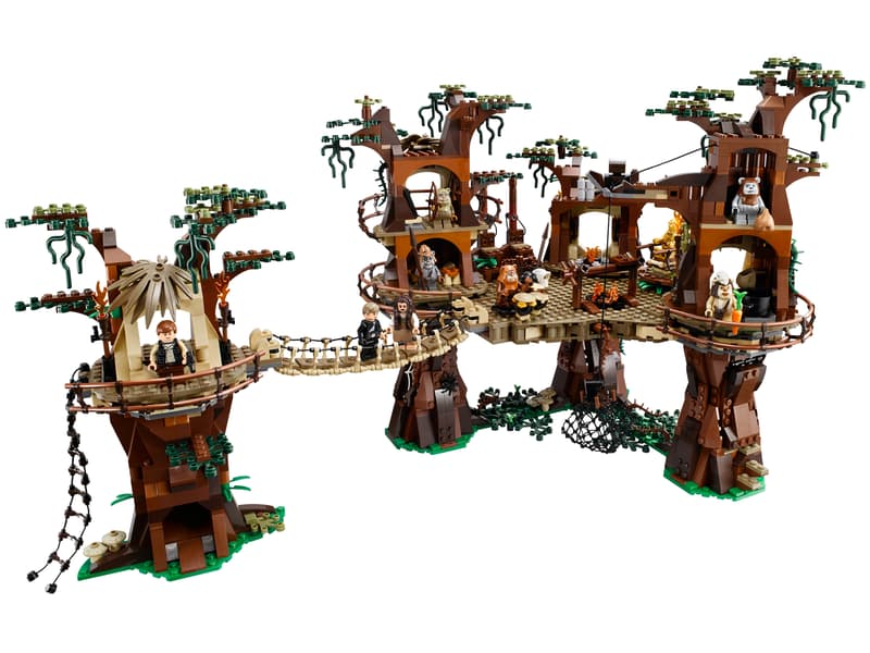 A detailed shot of the LEGO Ewok Village 10236 set showcasing its treehouses and minifigures.