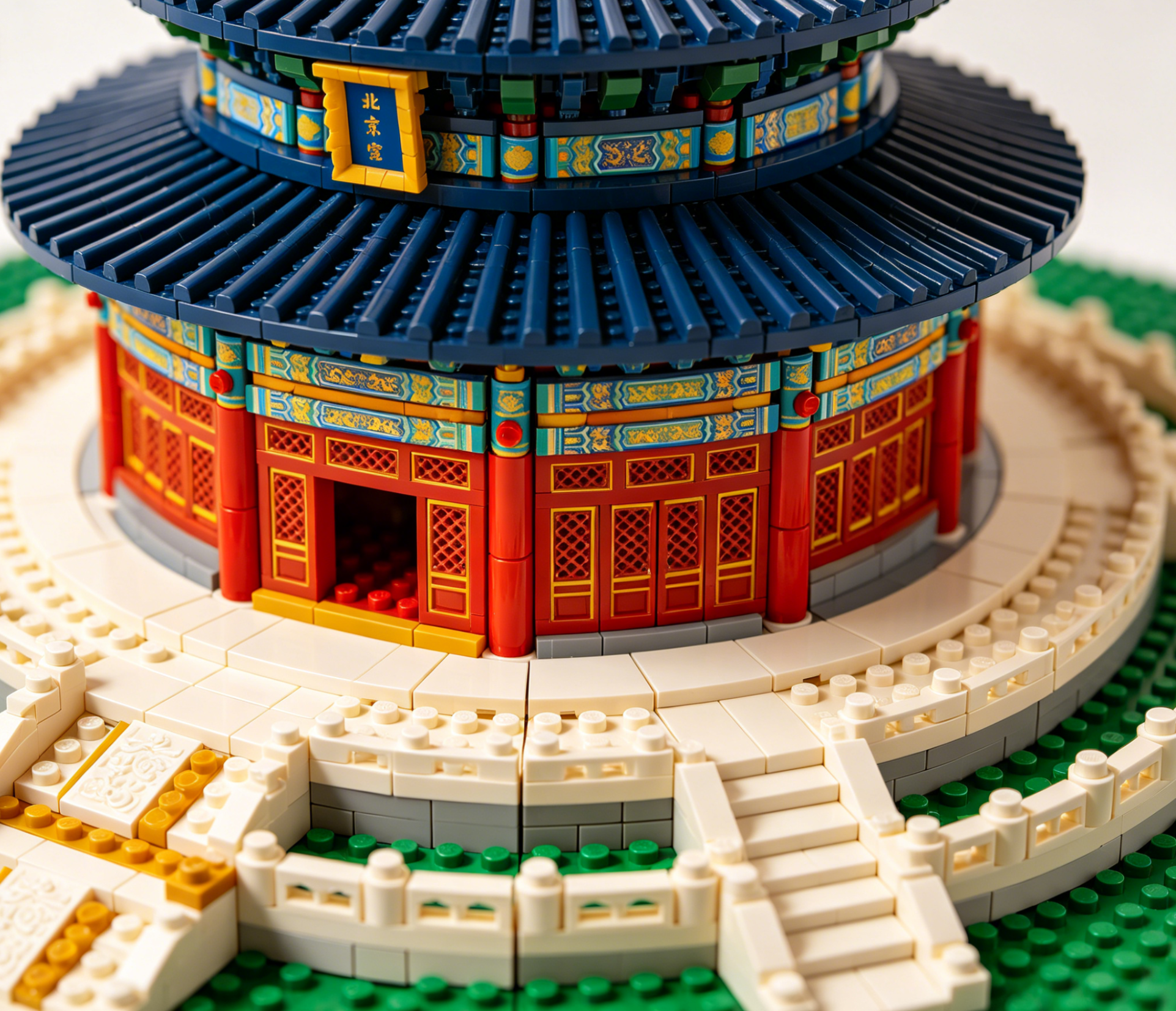 A detailed and intricate building block model of the Temple of Heaven in Beijing