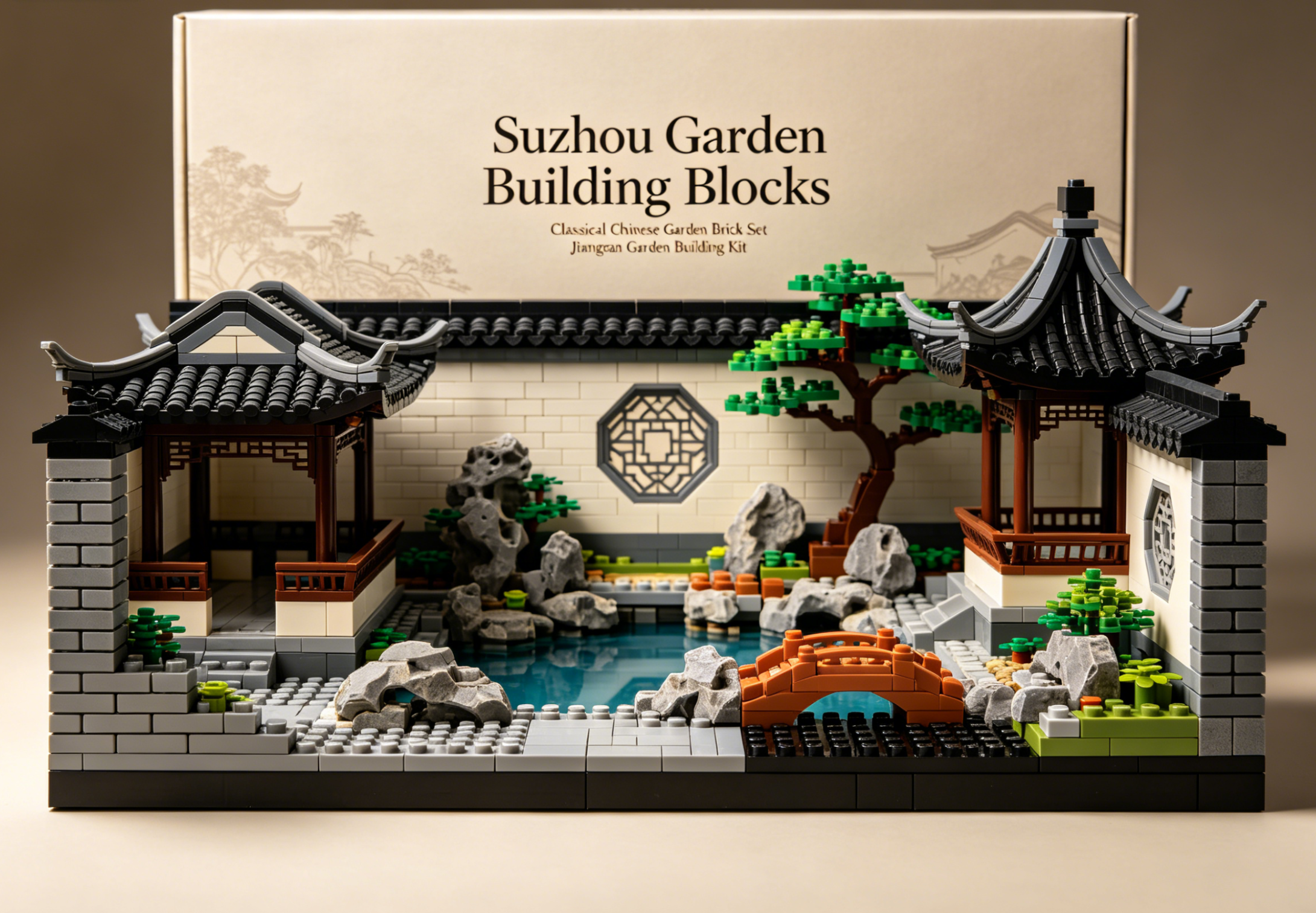 A beautifully detailed Suzhou garden building block set, showcasing elegant pavilions and a serene pond.