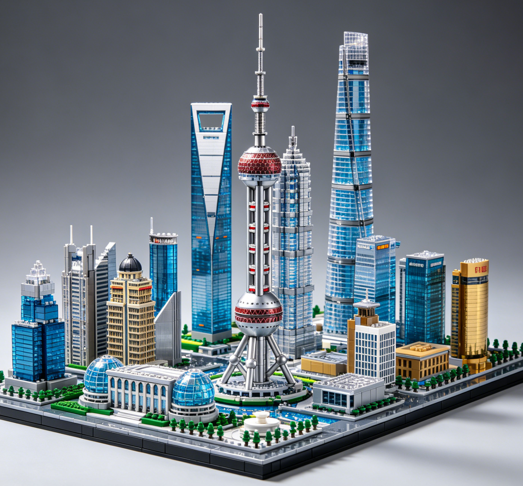 A detailed and illuminated Shanghai skyline building set featuring the Oriental Pearl Tower.