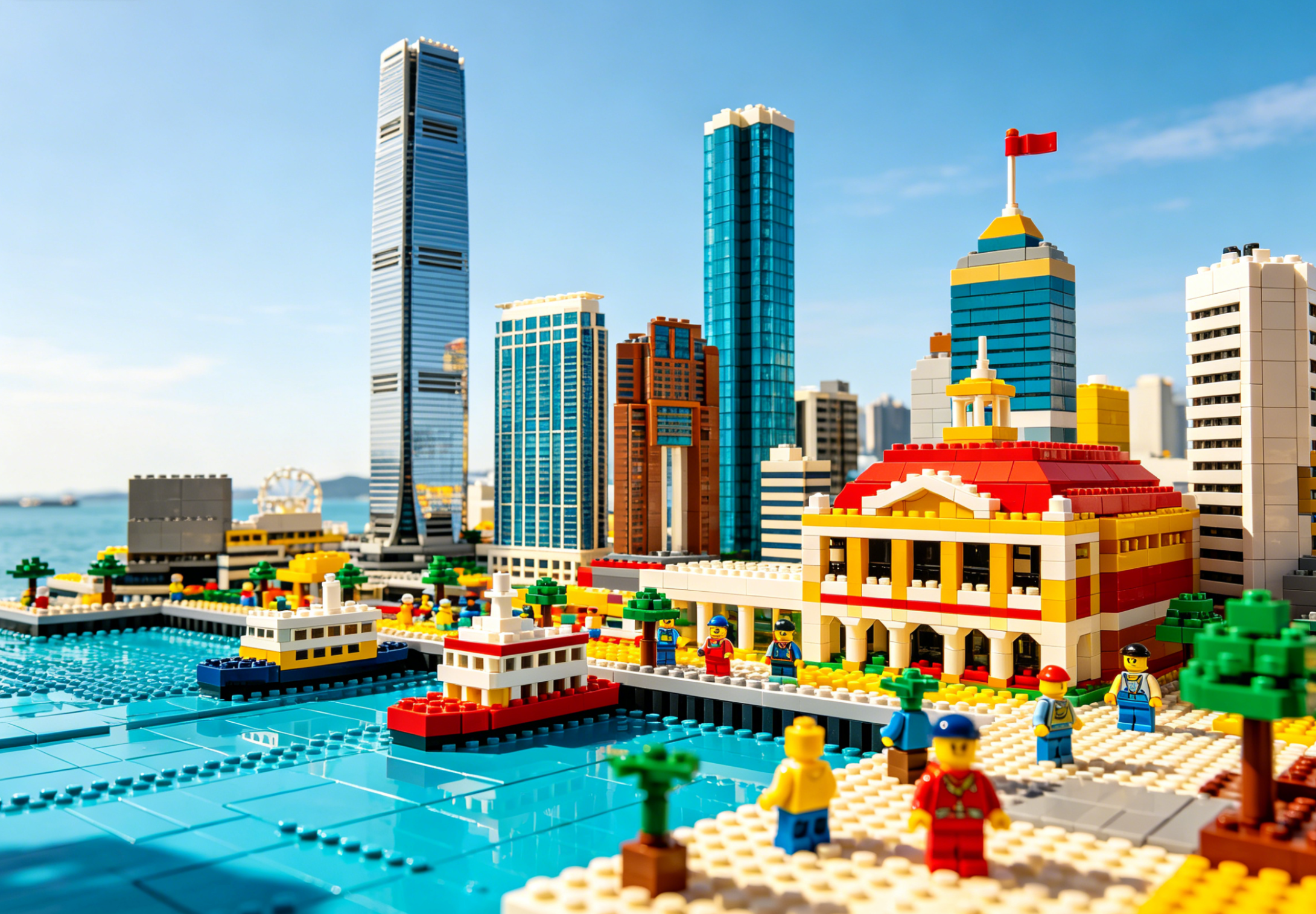 A detailed and vibrant building block model of the Hong Kong skyline at night