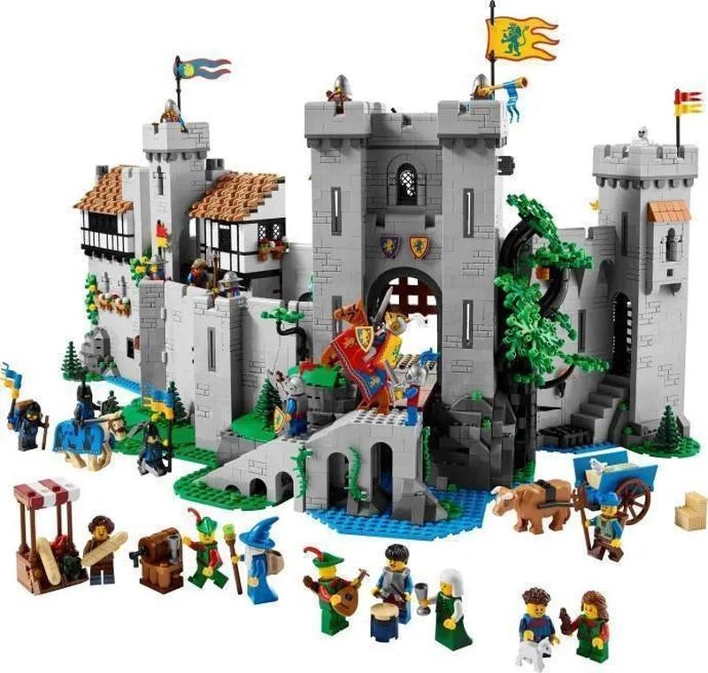 A grand and detailed model of the Leeuwenridders Kasteel 10305 Icons, showcasing its towers, drawbridge, and intricate walls.