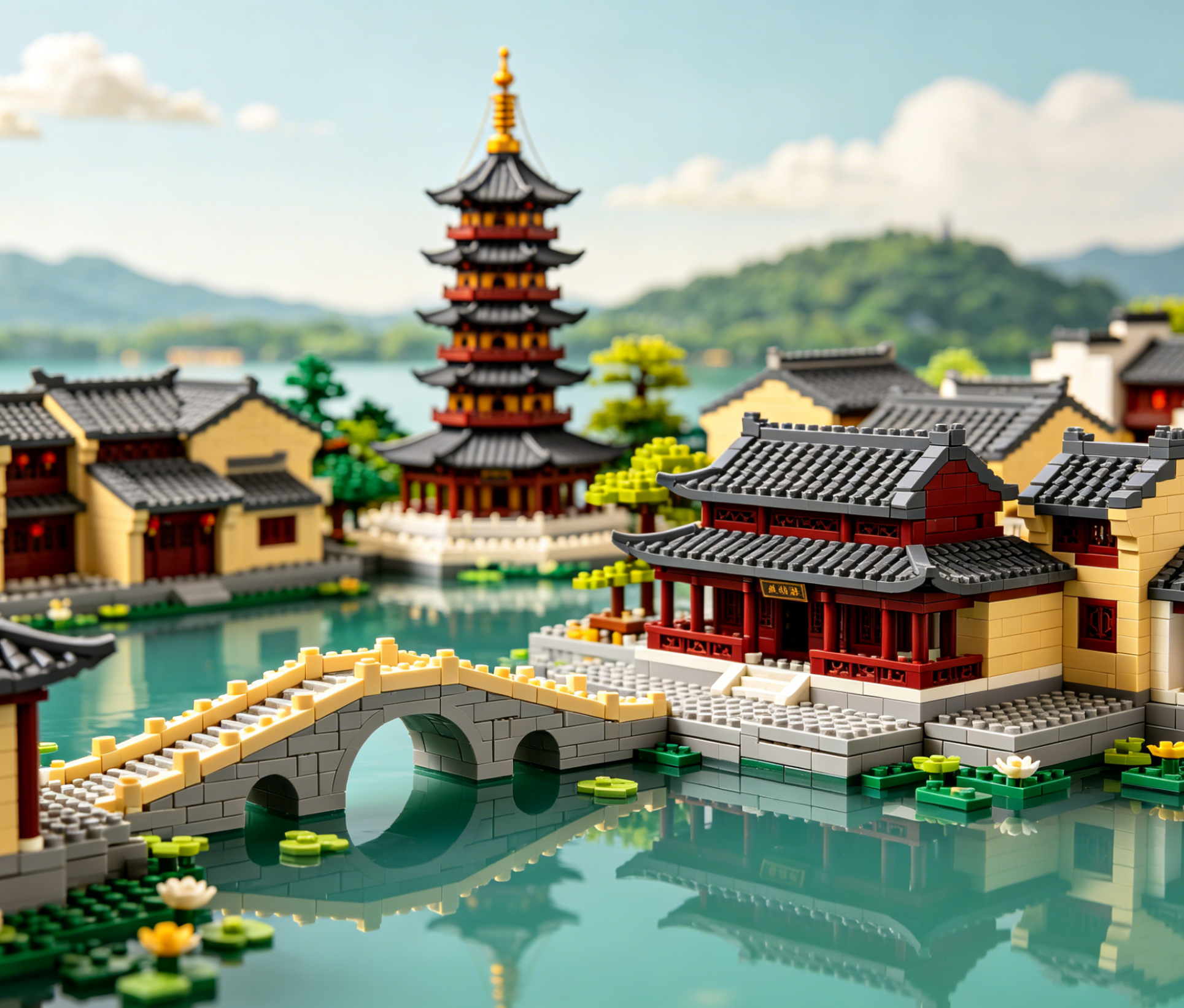 An intricate and beautiful West Lake building block set showcasing classic Chinese architecture