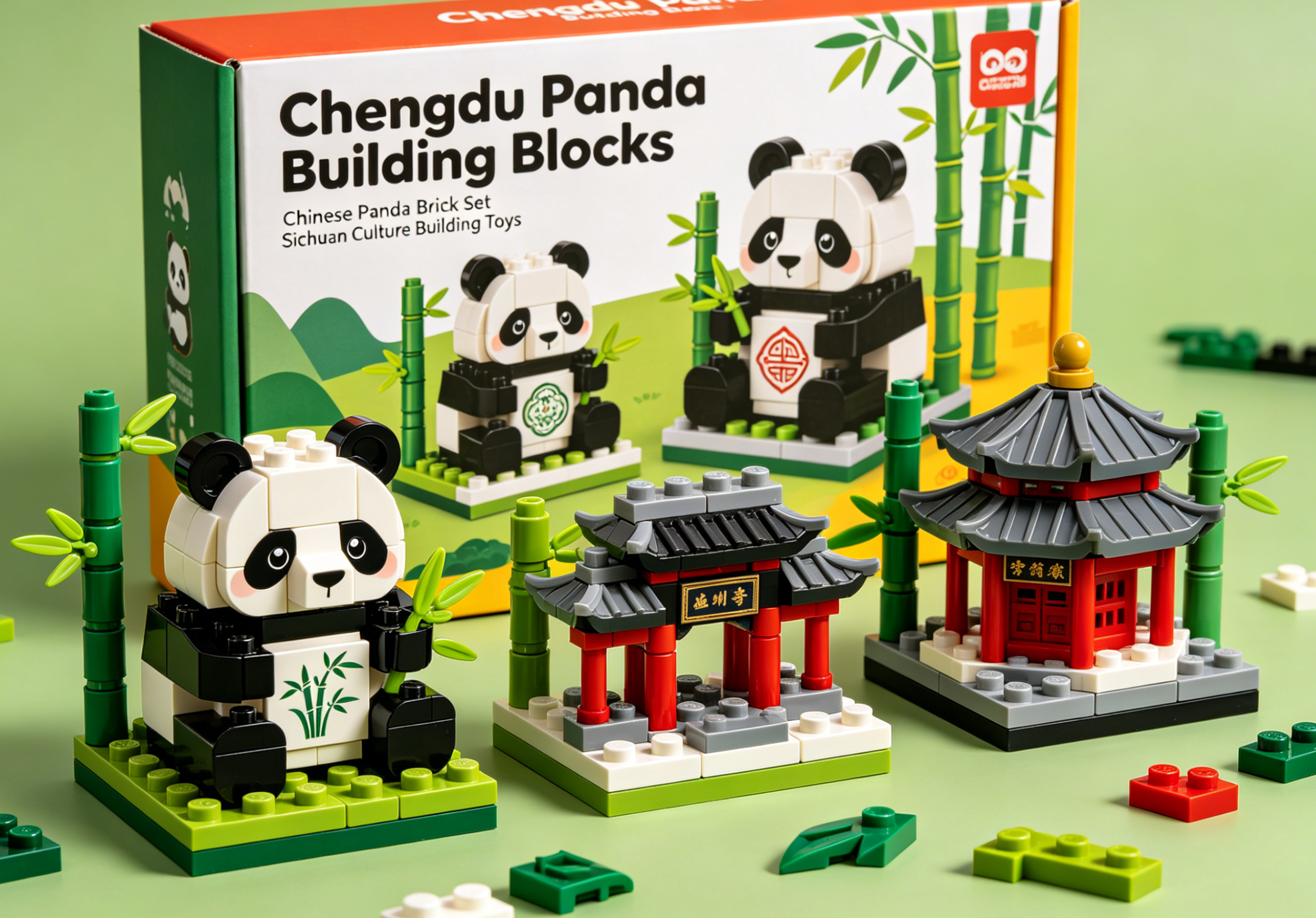 A detailed Chengdu panda building block set featuring pandas in a bamboo forest setting.