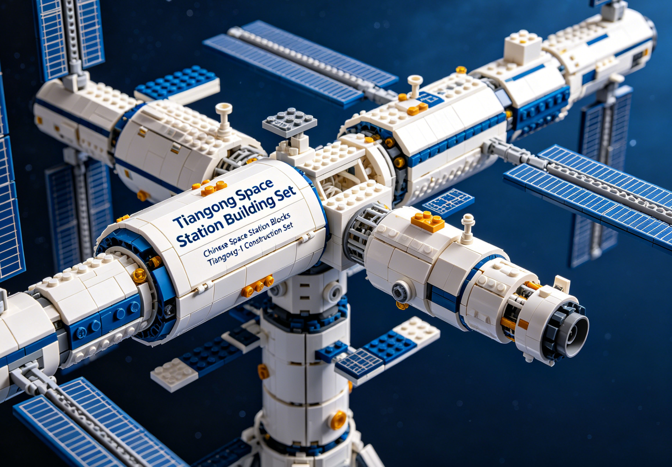 A detailed and impressive Tiangong space station building set fully assembled against a dark background.