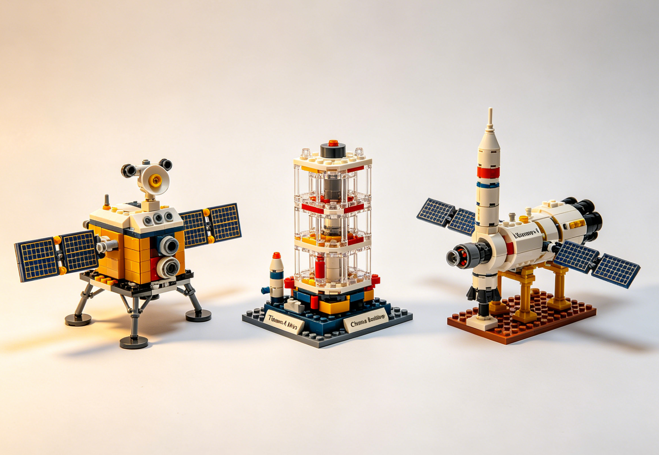 Detailed building block model of a Chinese spacecraft against a starry background