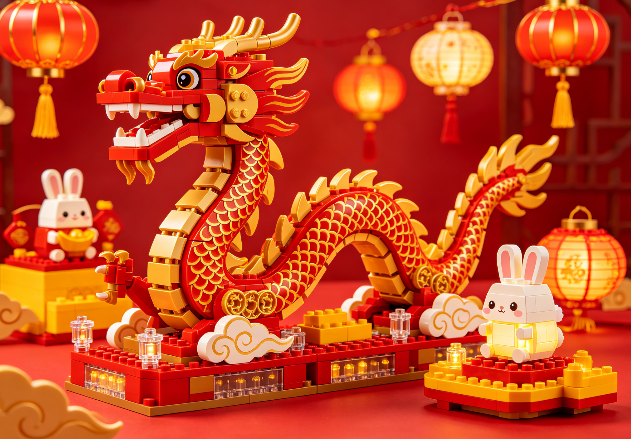 An intricately designed Chinese dragon building block set with vibrant red and gold colors