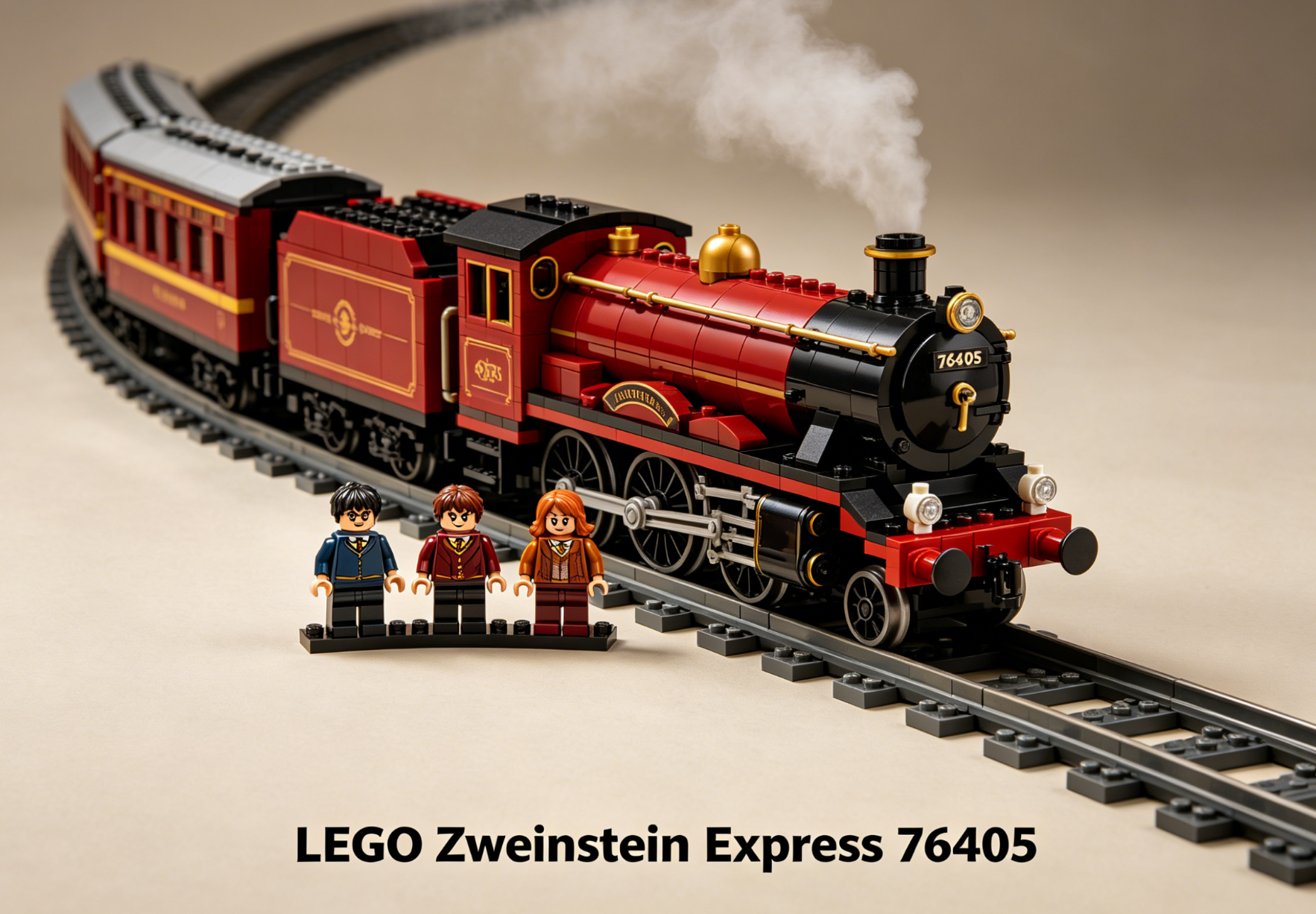 Illuminated LEGO Hogwarts Express 76405 train on a display track