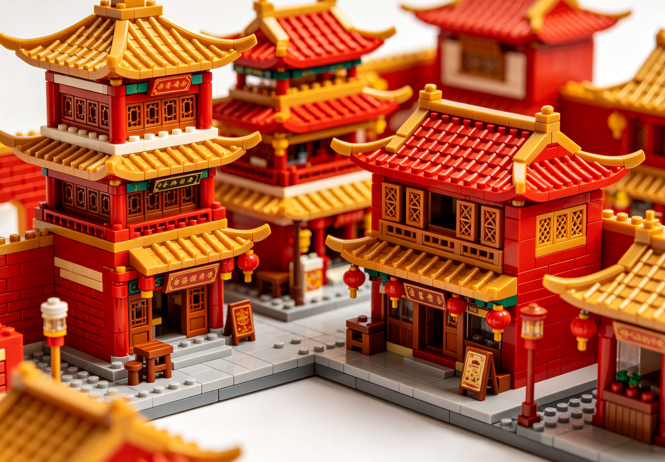 A detailed and vibrant Chinatown modular building set featuring a traditional pagoda-style roof and lanterns.
