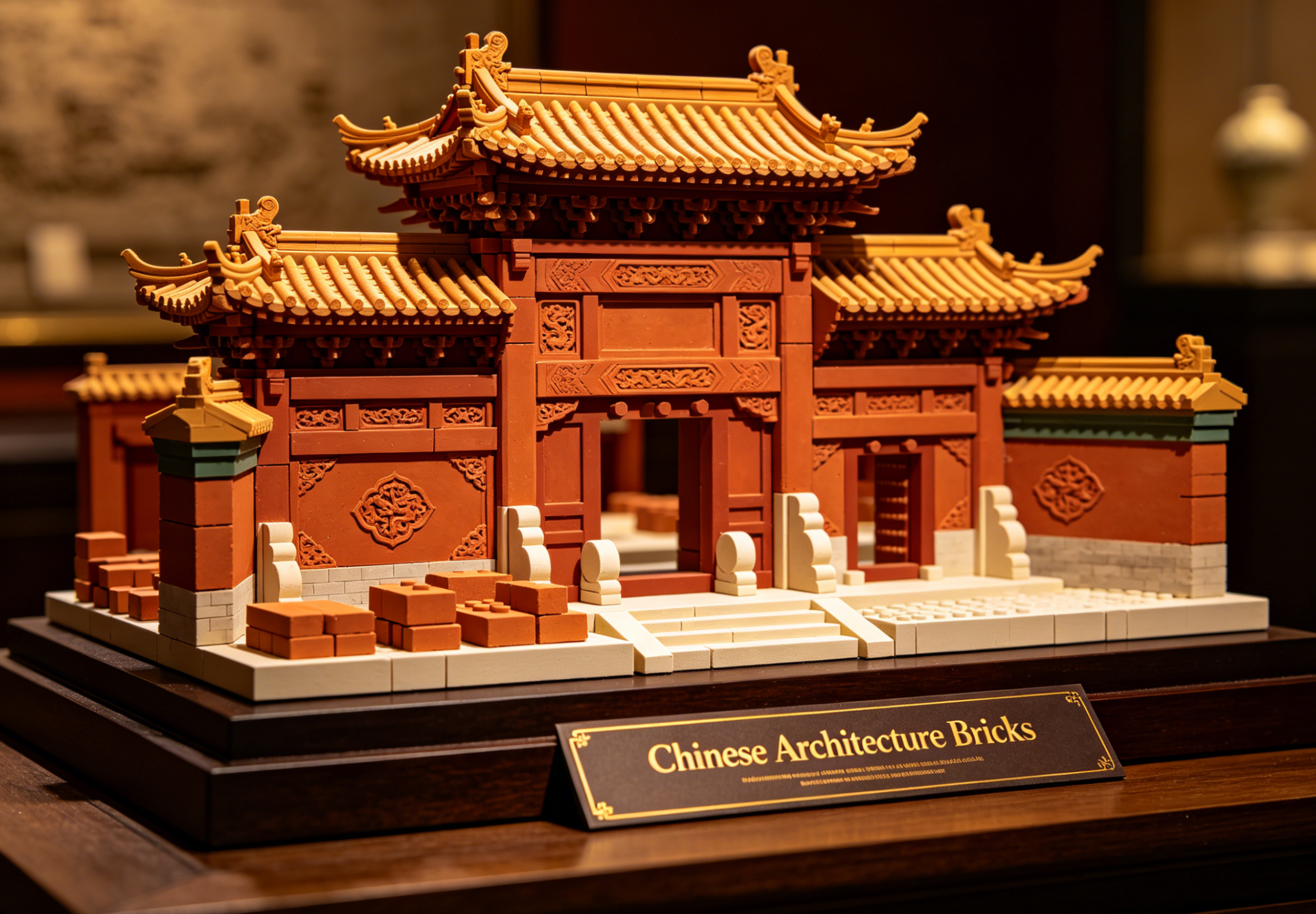 Stunning premium oriental brick model showcasing traditional Chinese architecture with intricate red pillars and gold roofs