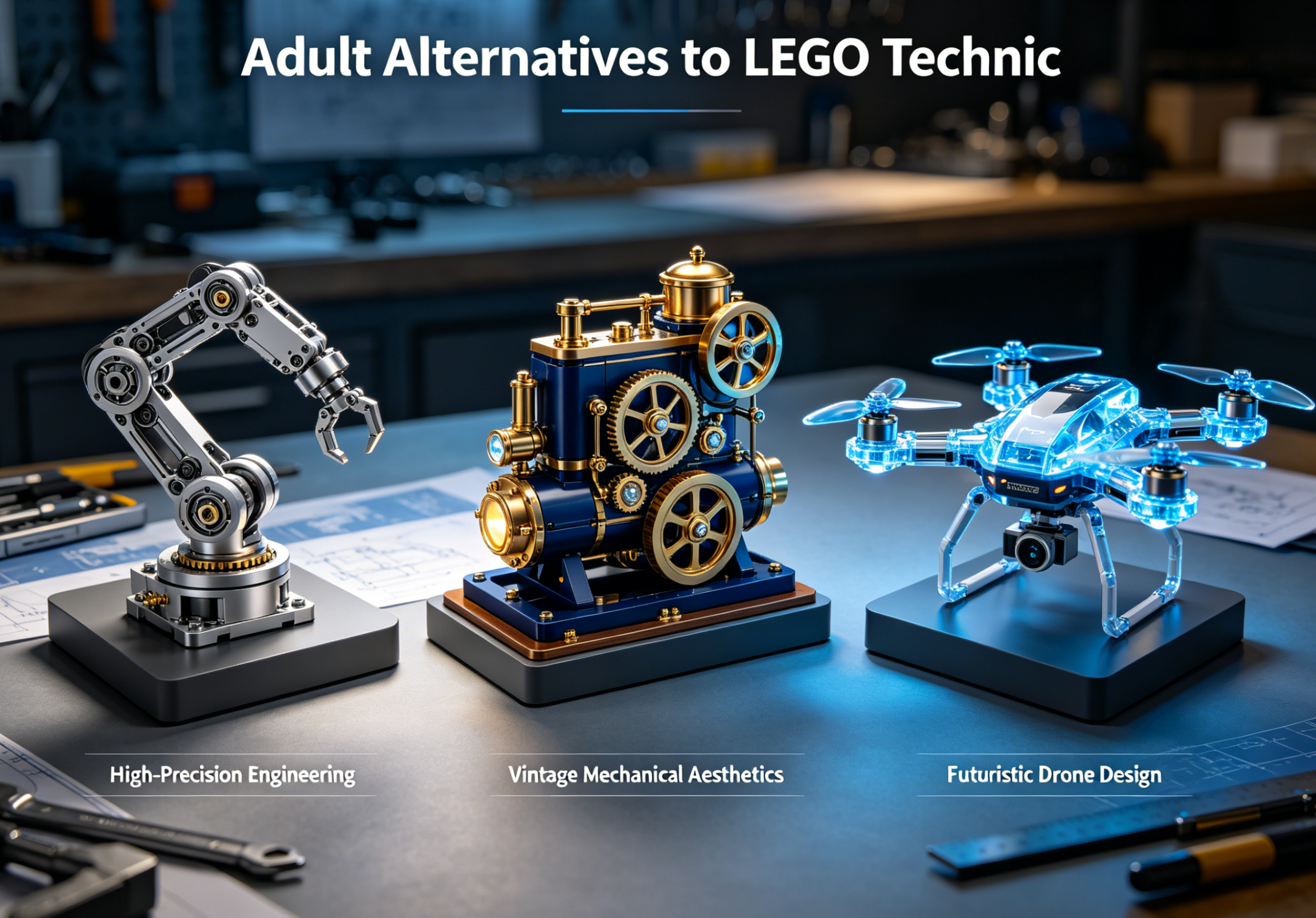 An assortment of complex and detailed building block models showcasing alternatives to Lego