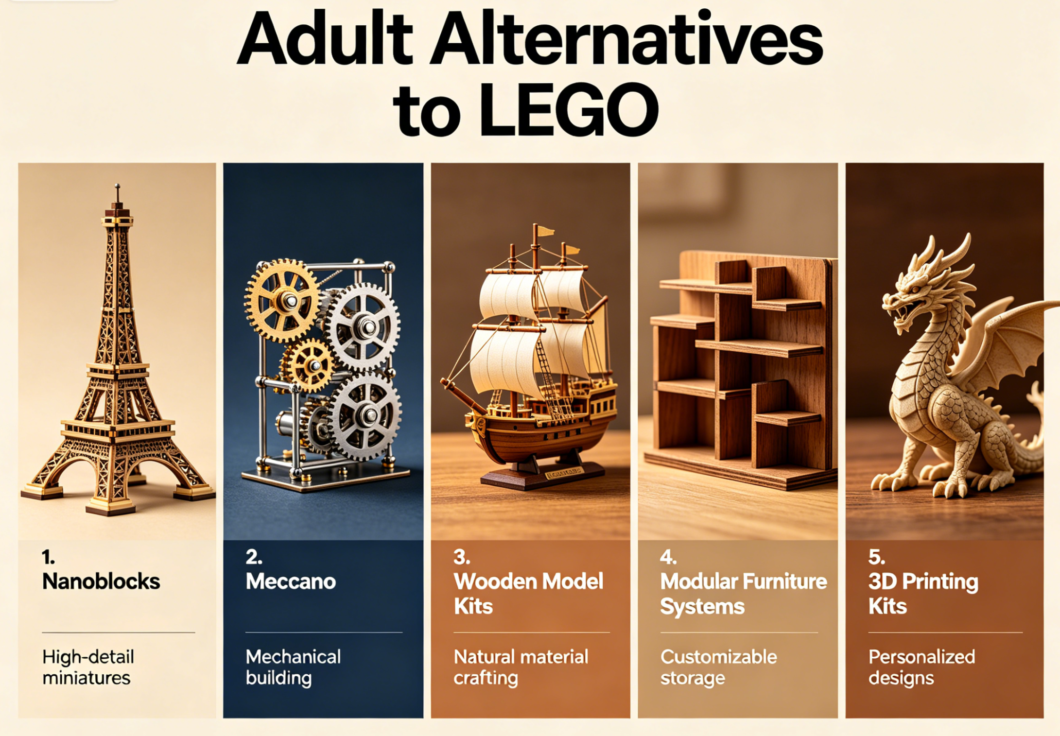 A collection of complex and colorful brick building sets showcasing alternatives to LEGO