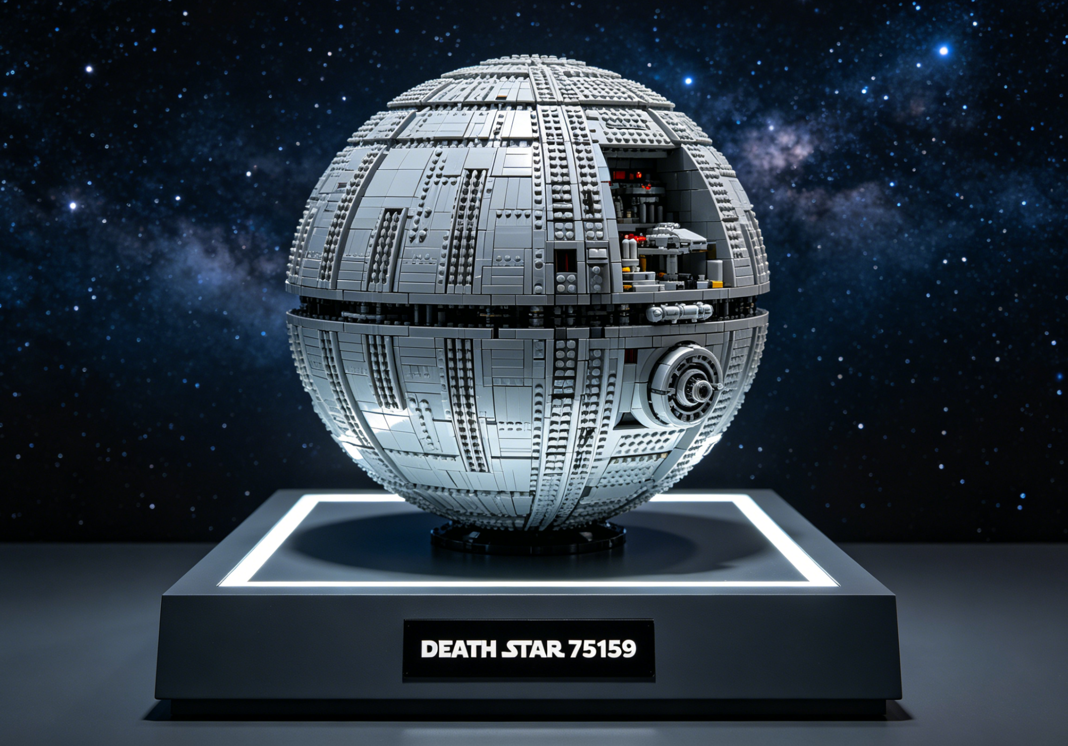 A fully assembled LEGO DEATH STAR 75159 showcasing its multiple levels and detailed rooms.