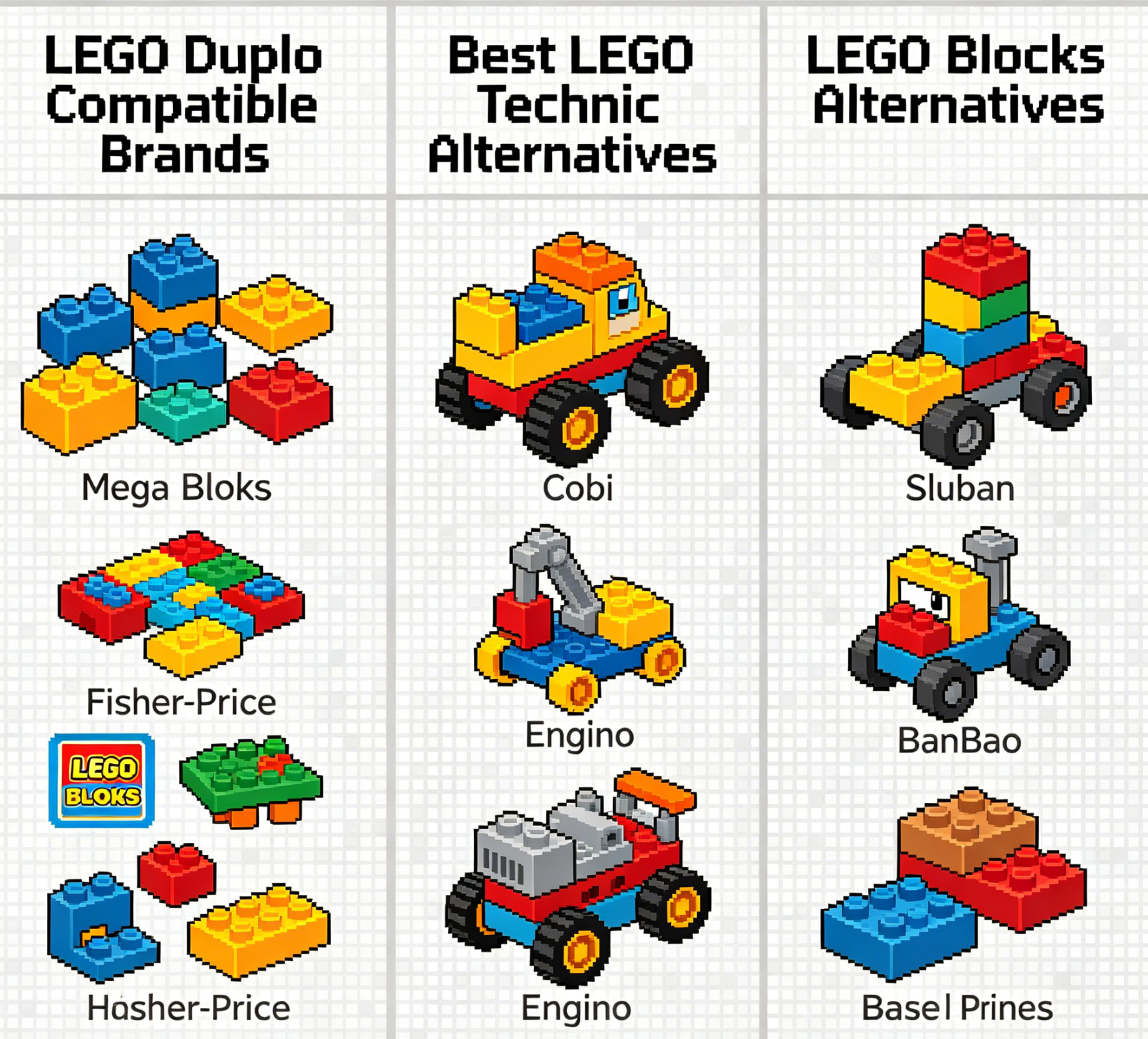 A variety of colorful building blocks from alternative brands arranged on a table