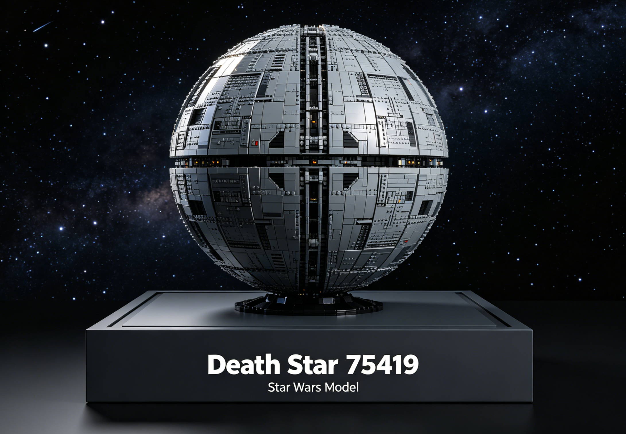 A highly detailed model of the Death Star 75419 displayed with integrated lighting