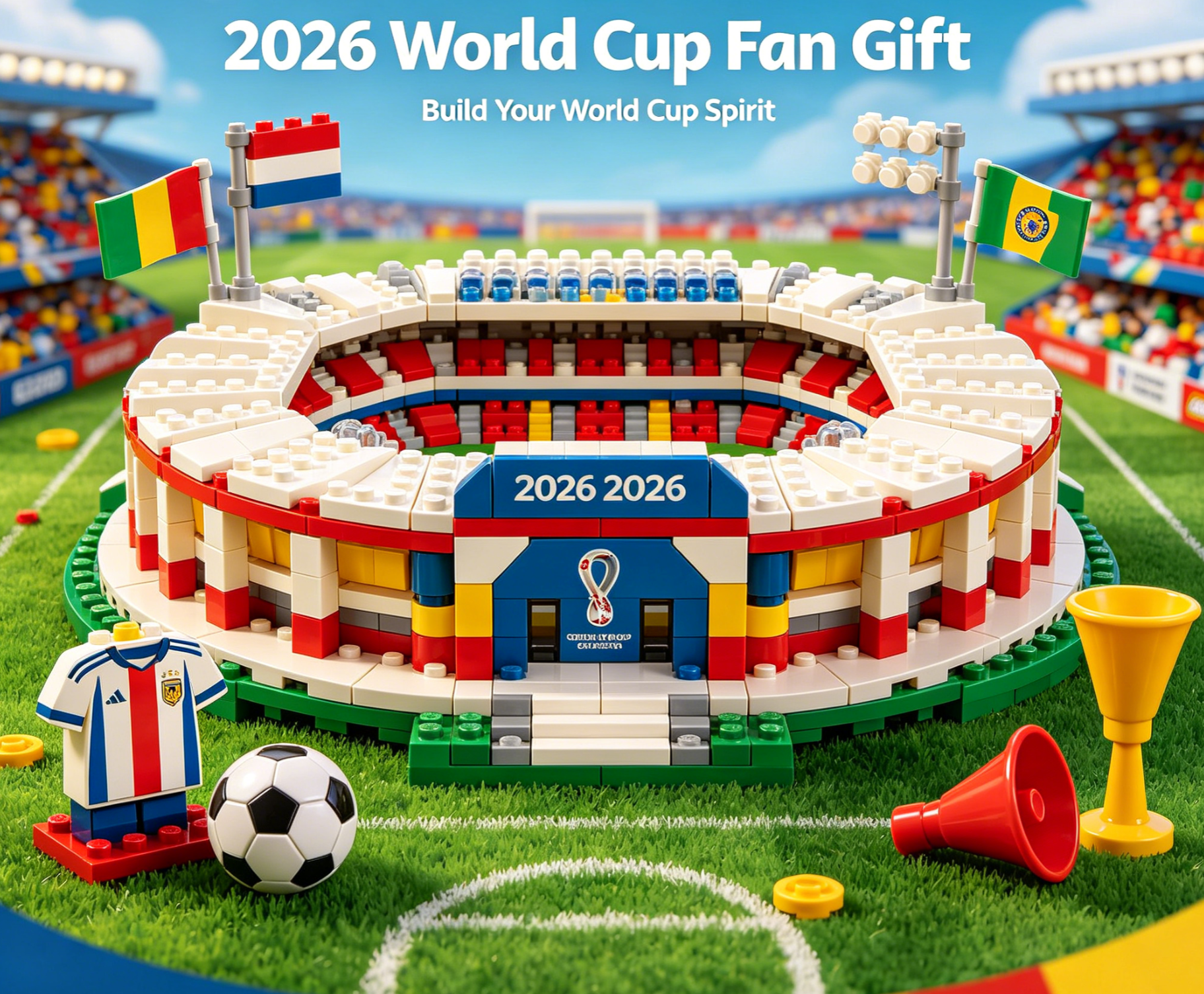 A collection of soccer-themed building block sets and World Cup memorabilia
