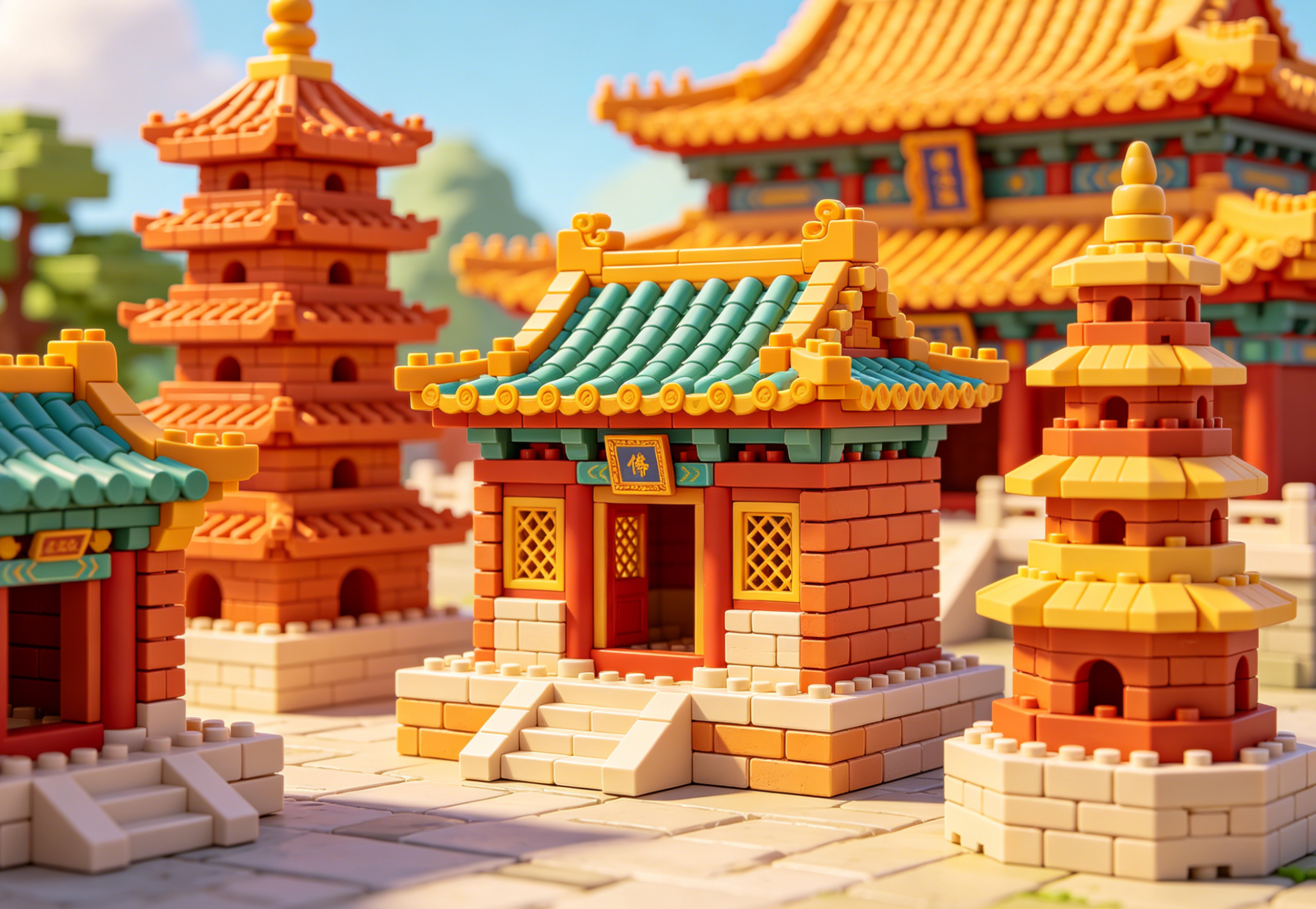 A beautifully detailed Chinese pagoda building set assembled and lit up