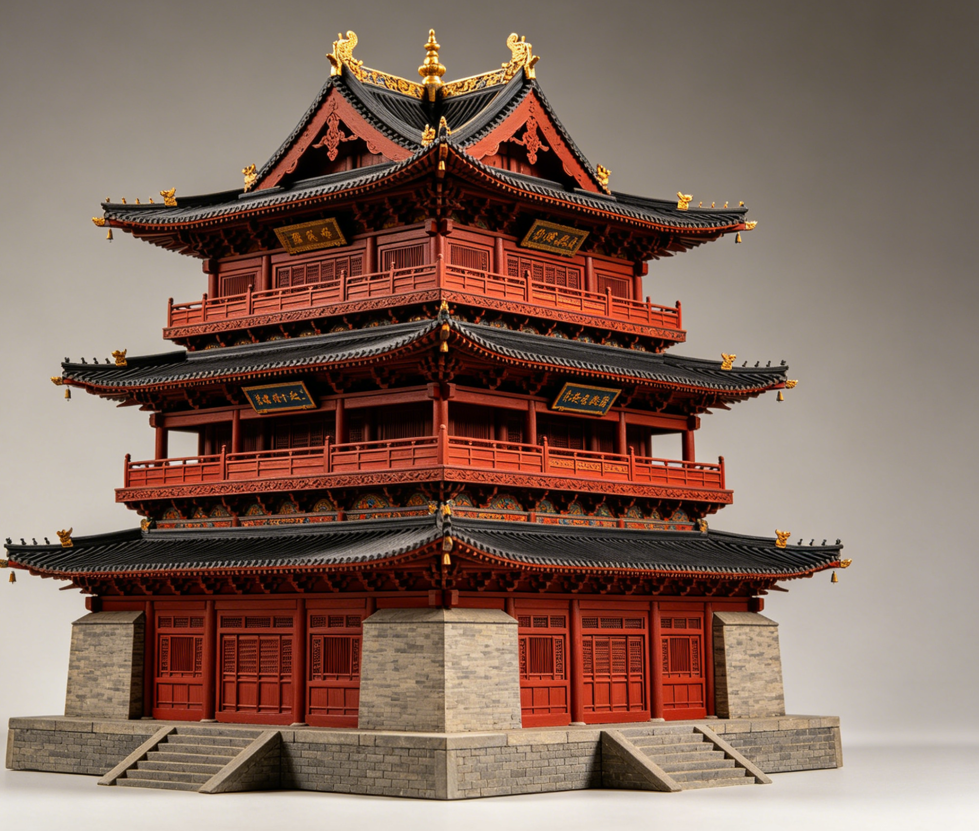An intricately detailed Chinese pavilion brick set model with curved roofs and a garden setting.