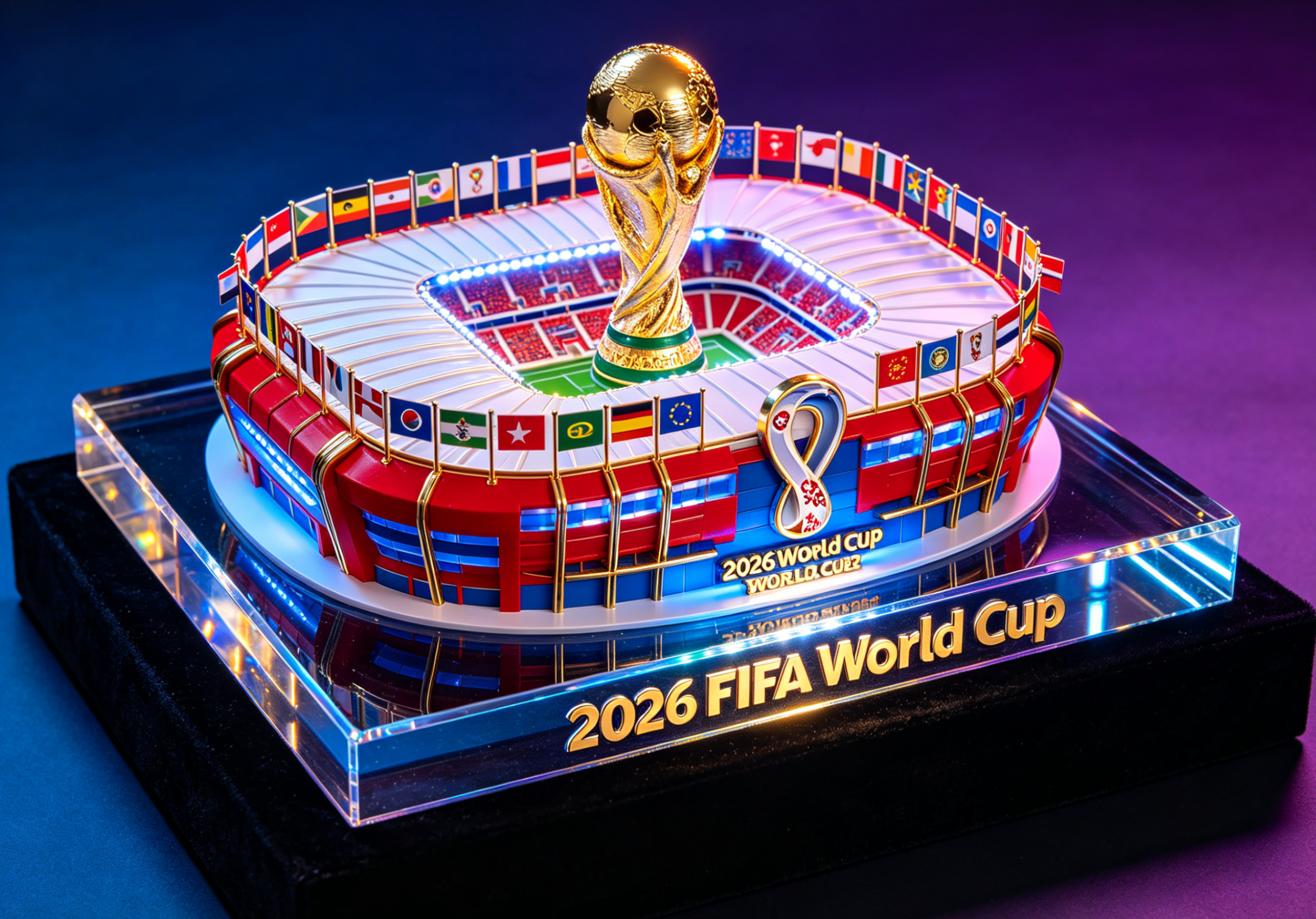 A detailed stadium replica model for the 2026 World Cup on a display shelf