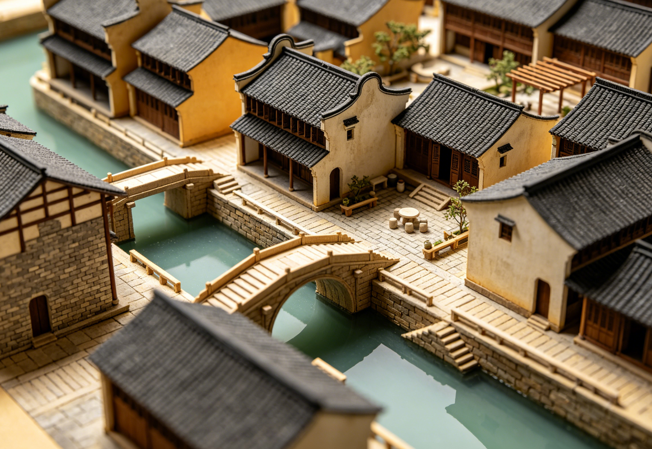 A beautifully detailed Chinese water town building block set featuring canals and traditional houses