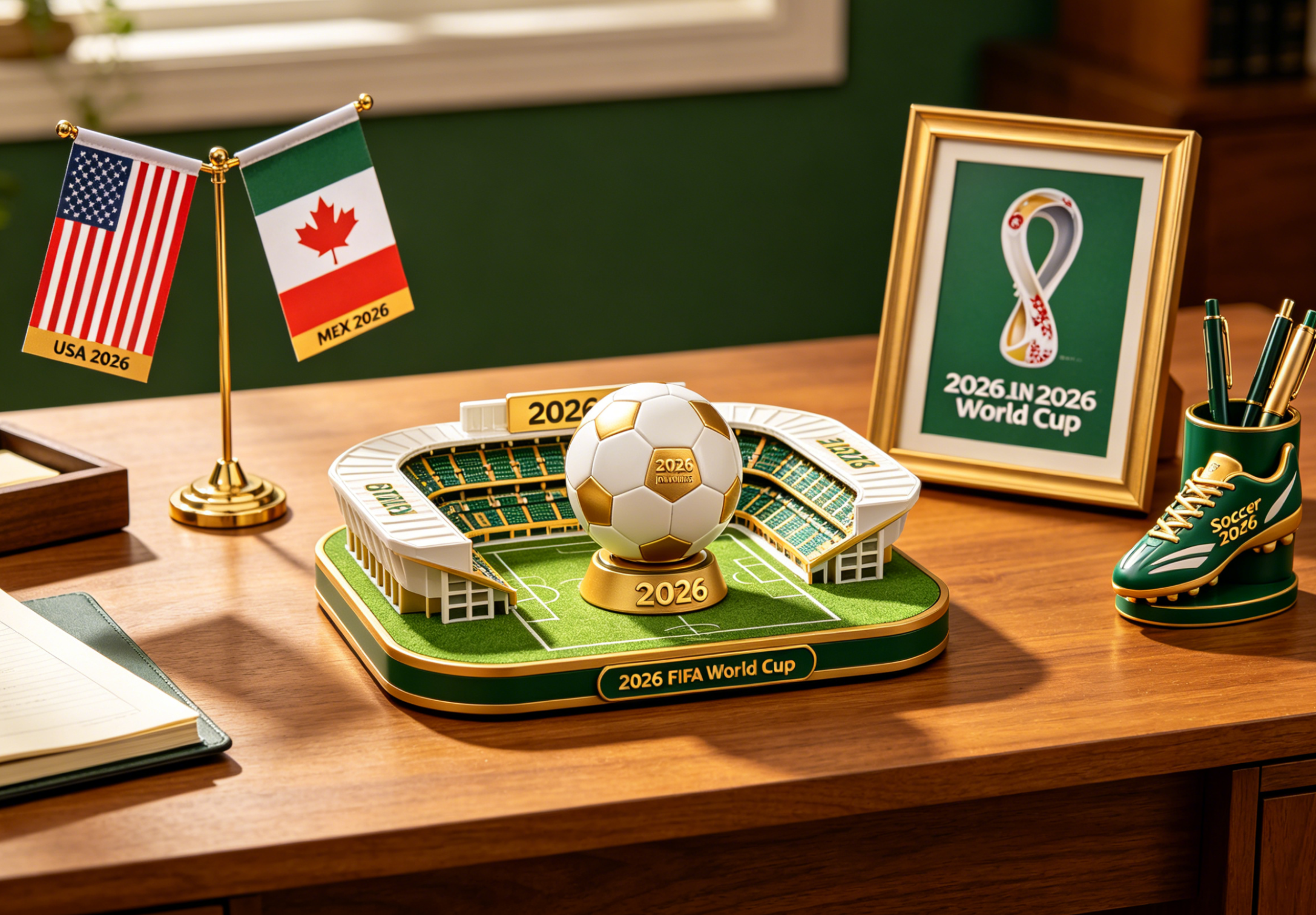 A stylishly decorated office desk with subtle soccer-themed items for the 2026 World Cup