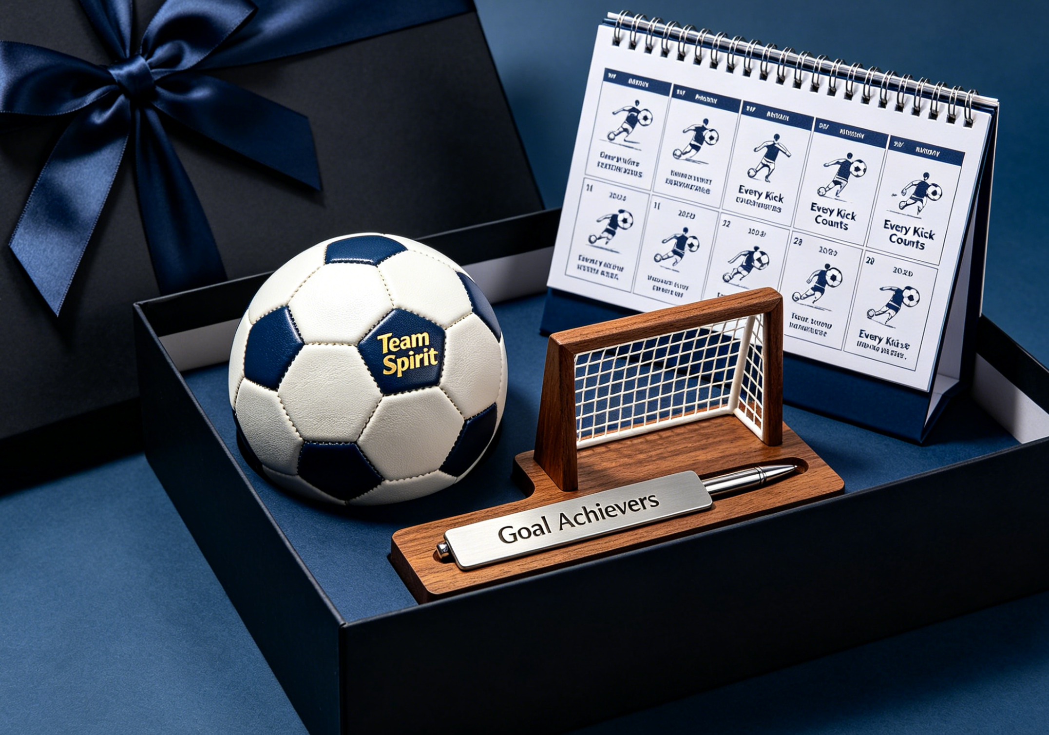 A collection of creative soccer-themed office gifts including a model stadium and branded mug
