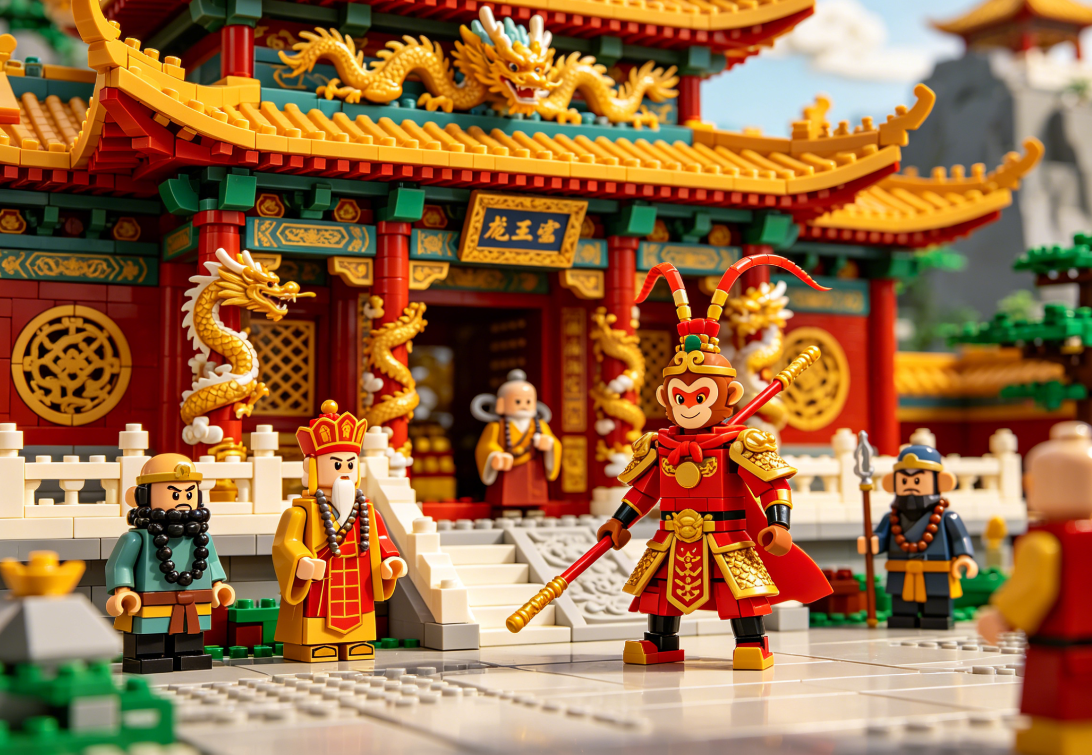 An elaborate building block set depicting the Monkey King in a mythical scene