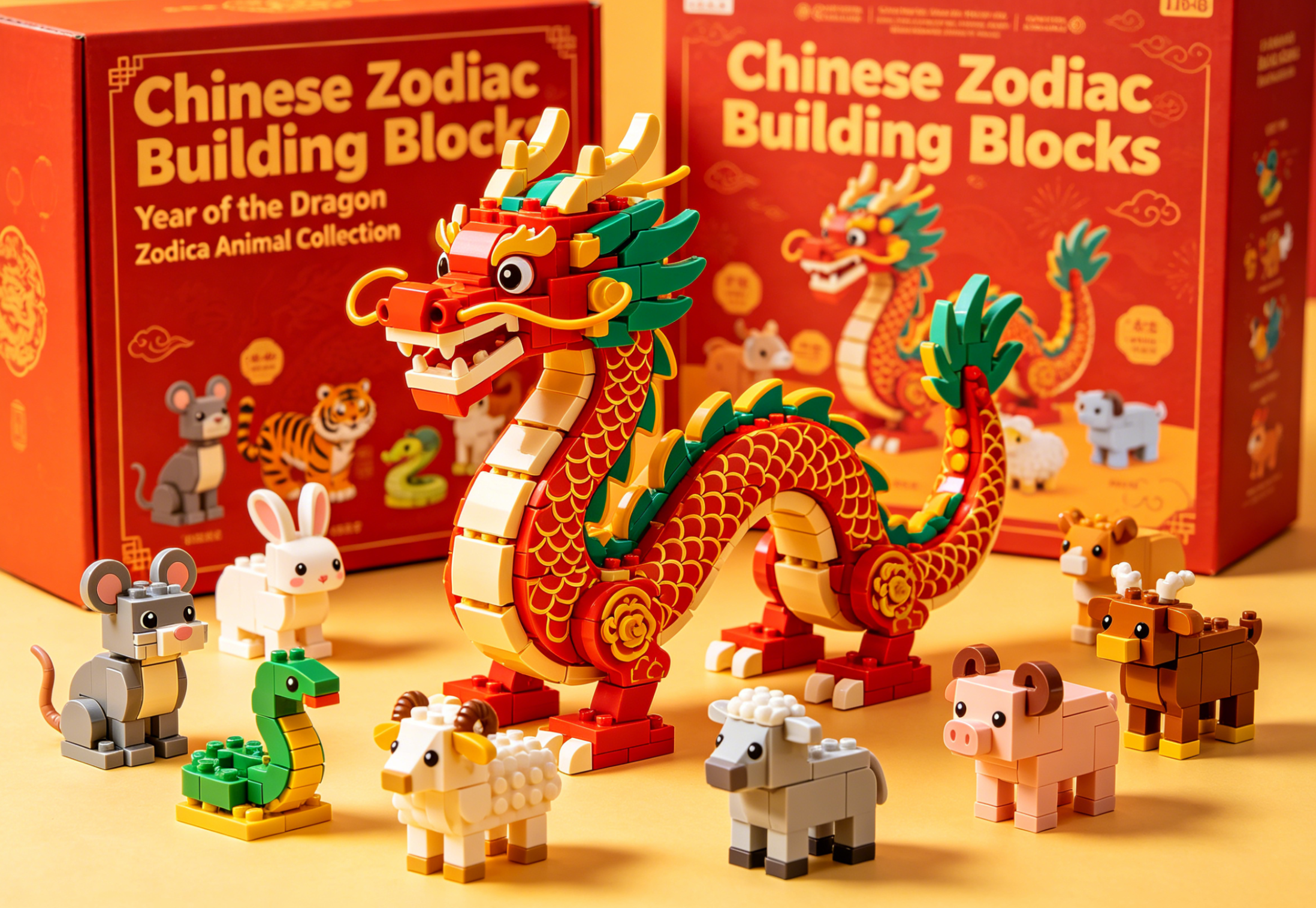 A vibrant and intricate Chinese Dragon built from colorful building blocks