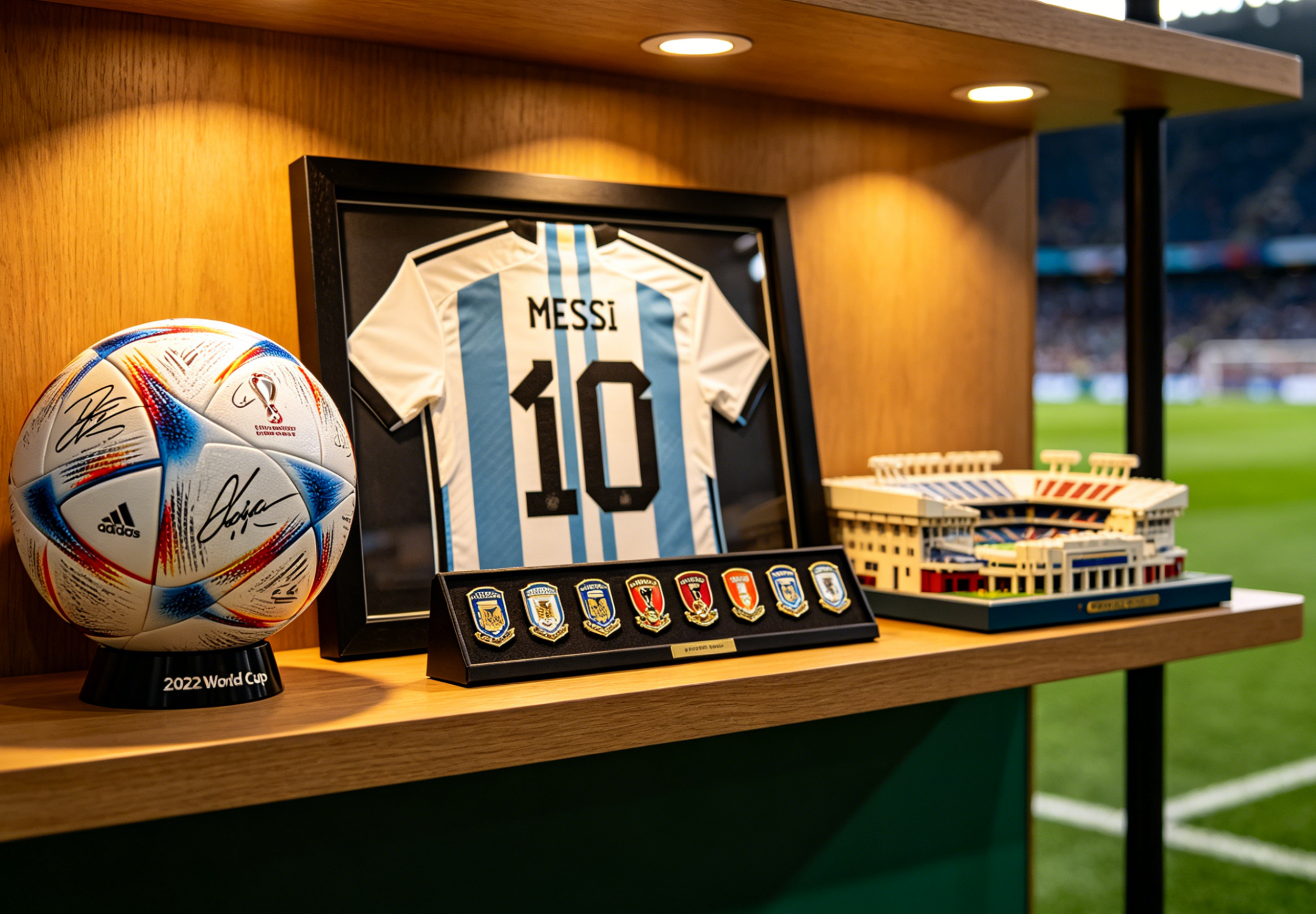 A collection of modern soccer memorabilia displayed in a fan room