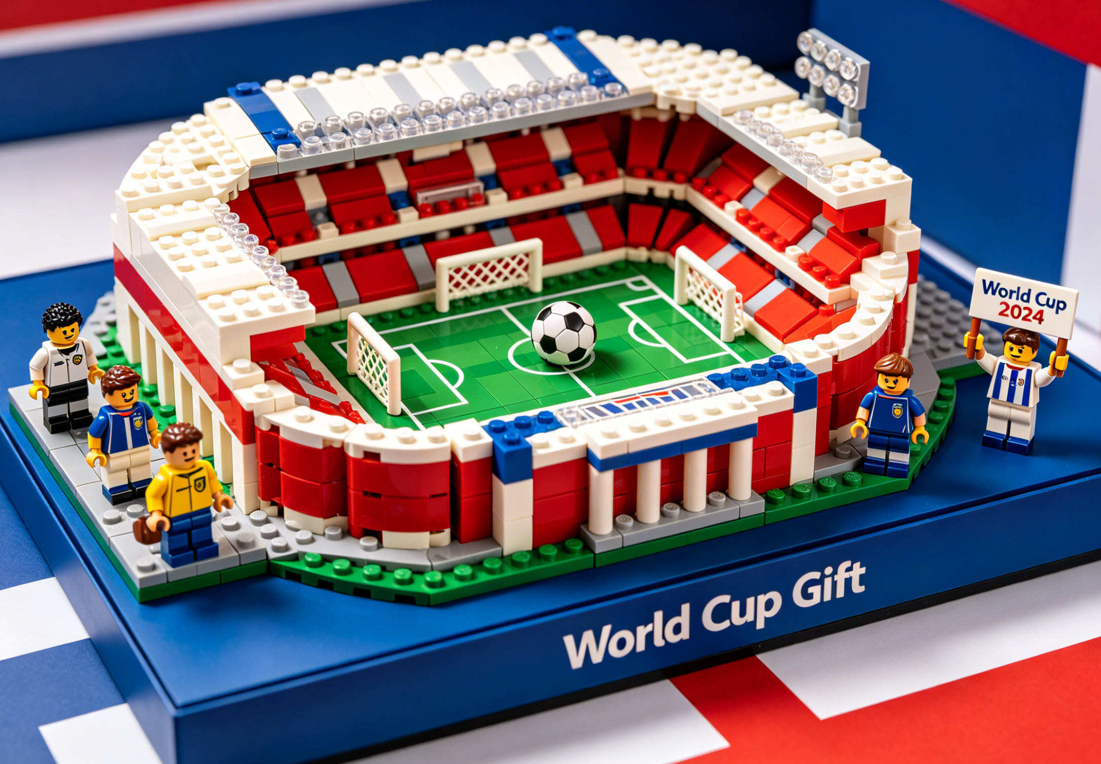 A detailed model of a soccer stadium built from bricks, showcasing the perfect gift for a football fan.