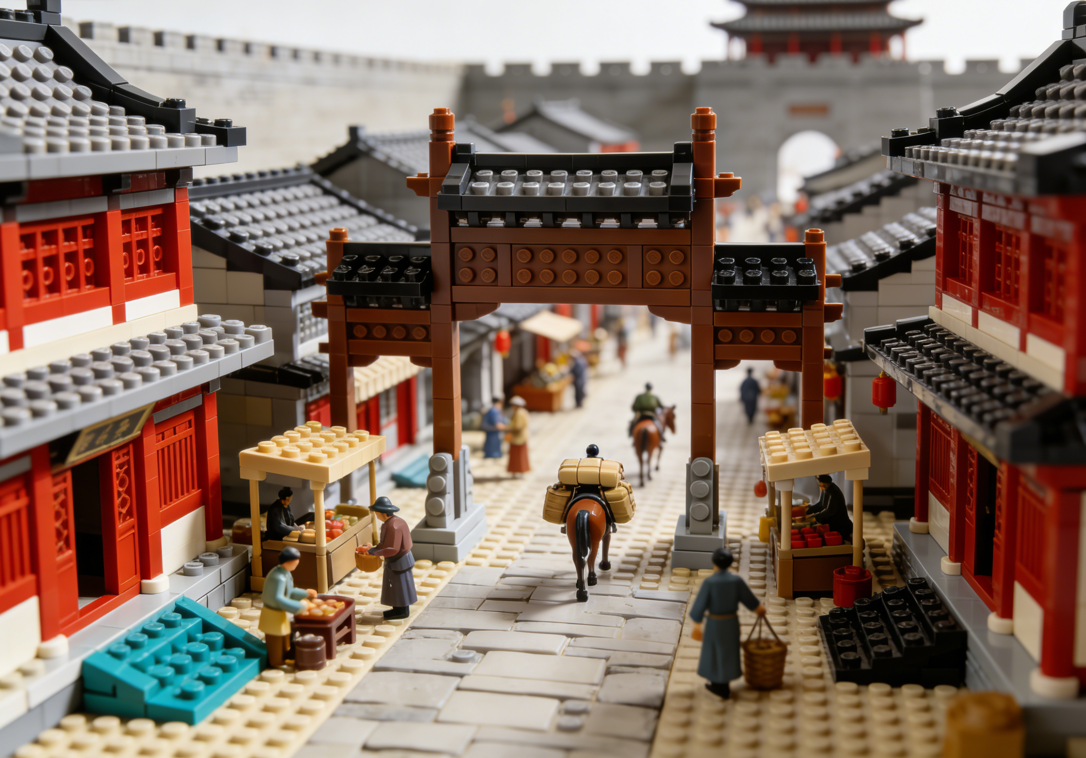 A detailed and vibrant building block model of an ancient Chinese market street