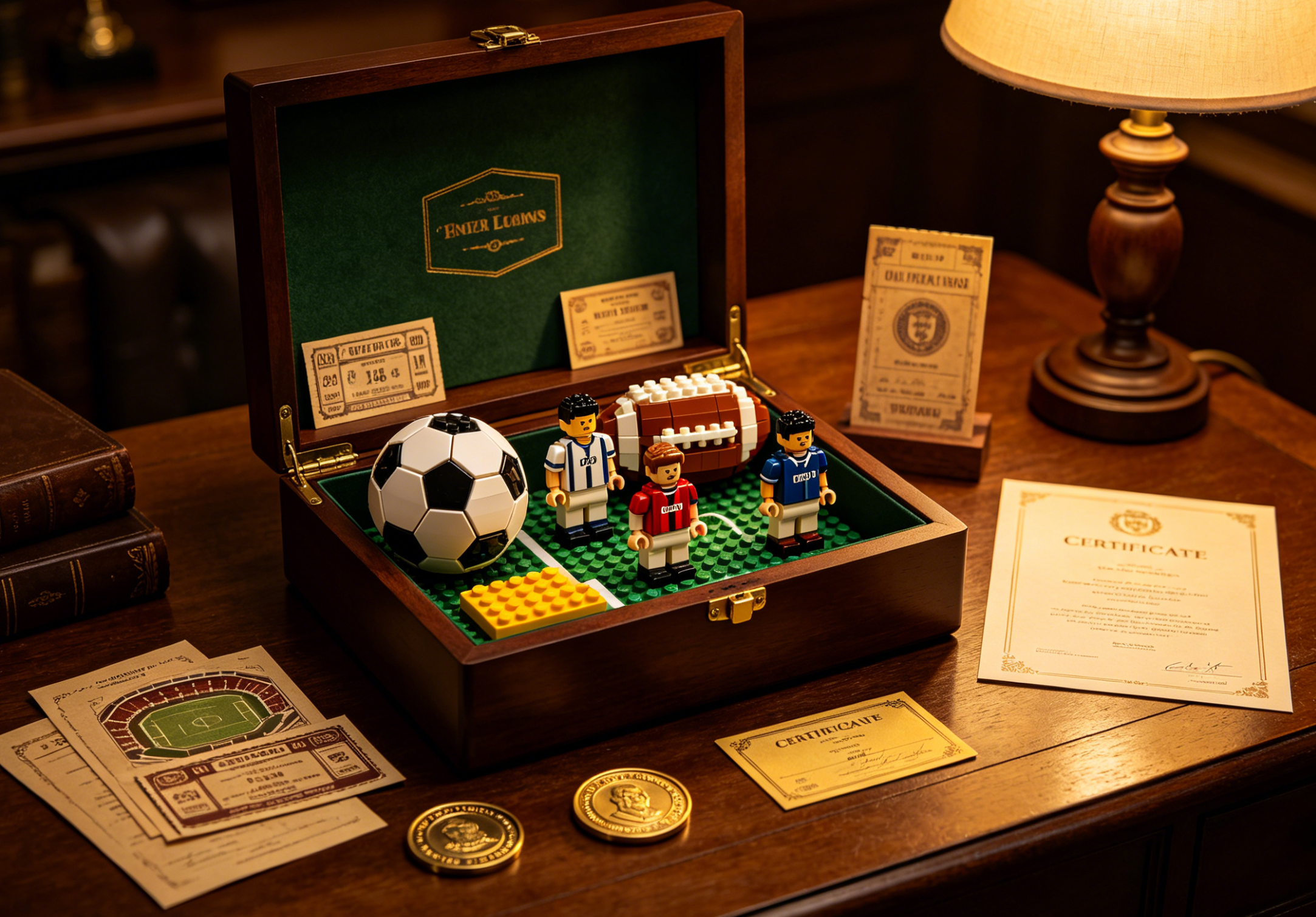 A detailed brick-built model of a famous football stadium on display