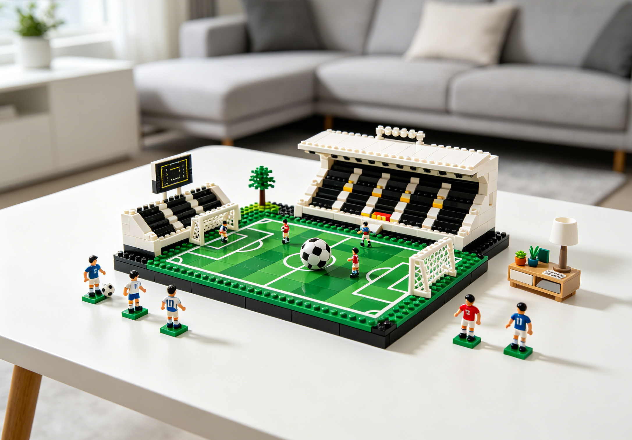 A detailed brick-built replica of a famous soccer stadium on display in a modern living room