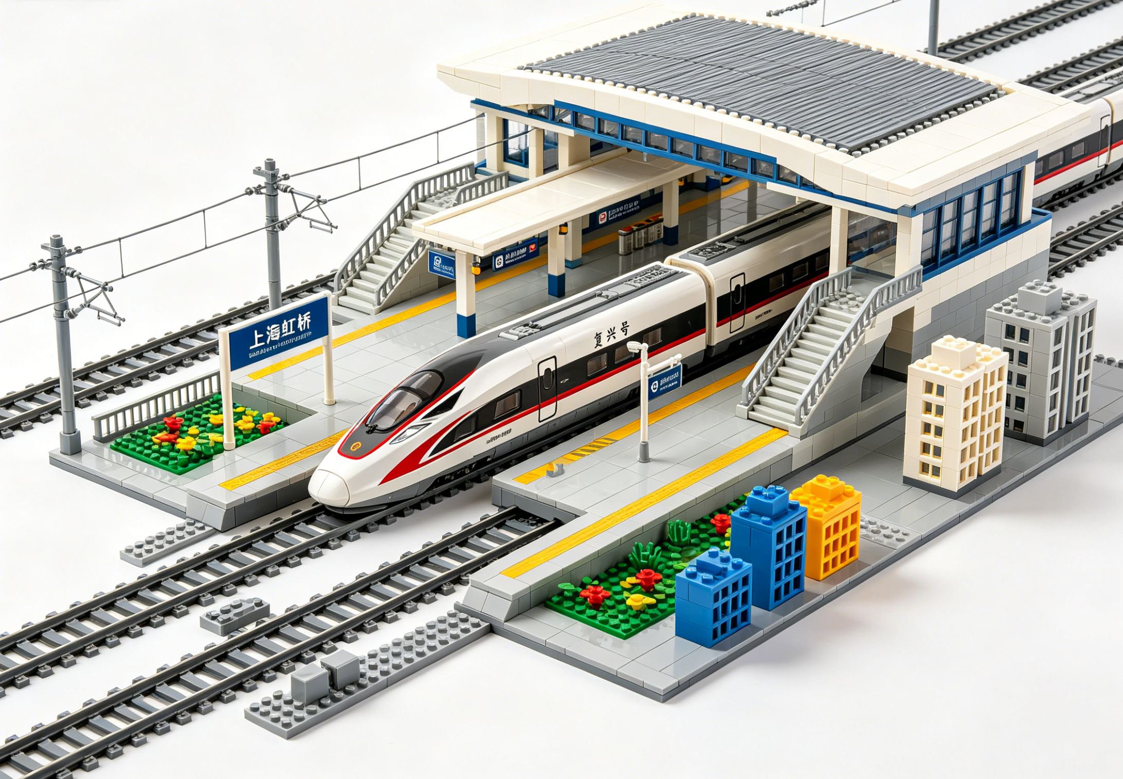 A detailed bullet train building set resembling China's high-speed rail on a display stand