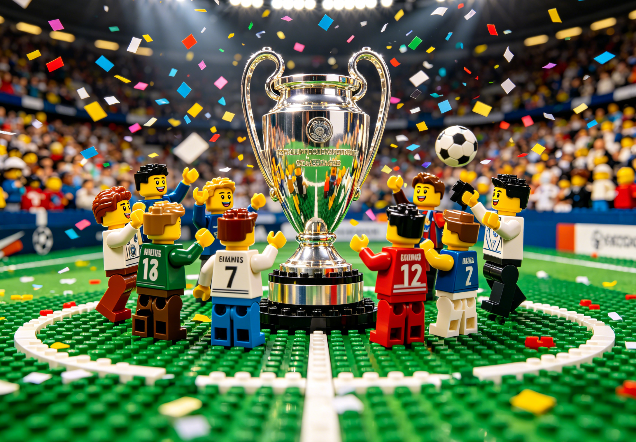 A detailed brick-built model of the world cup championship trophy on a display stand