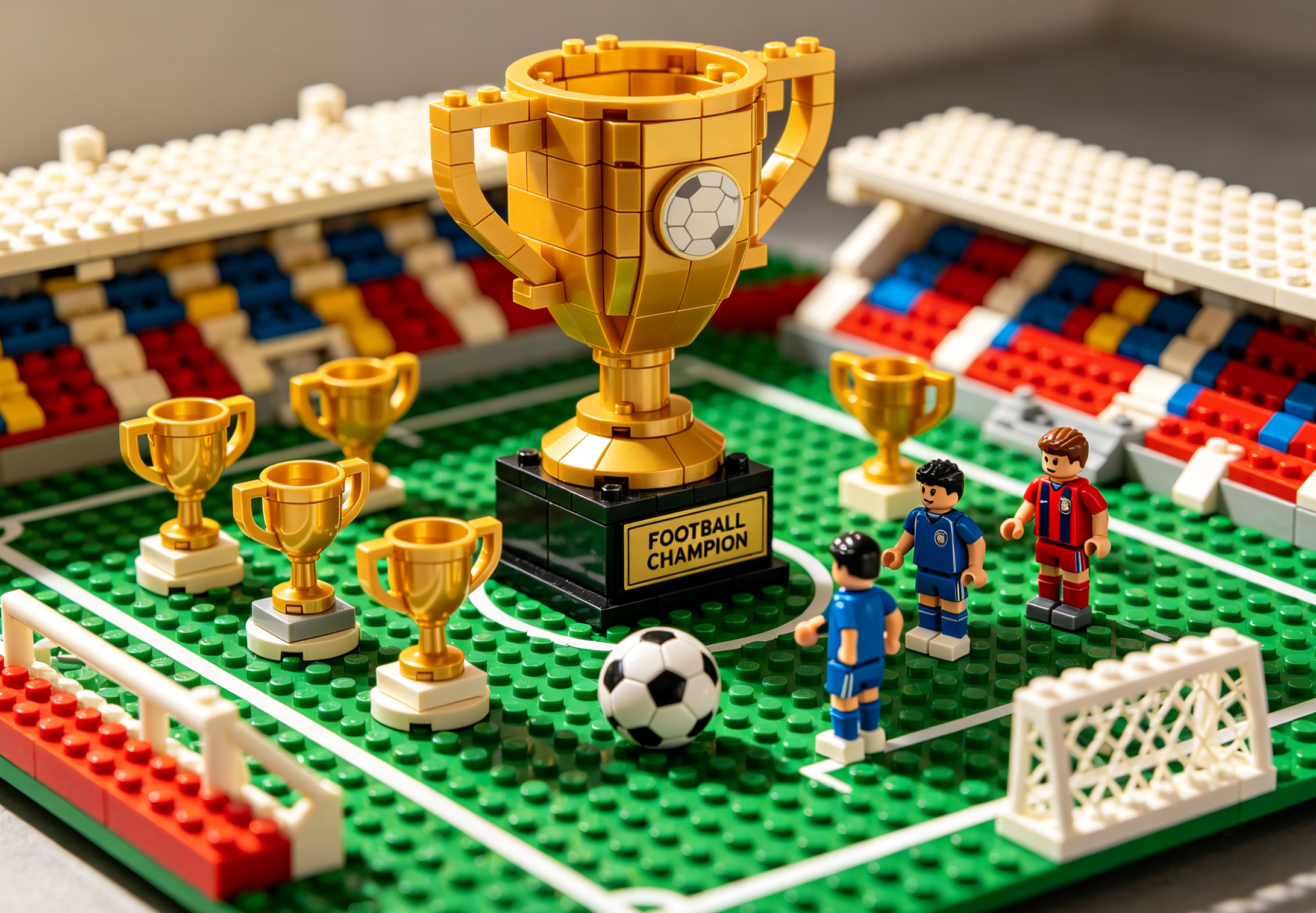 A detailed model of a famous football stadium illuminated under lights