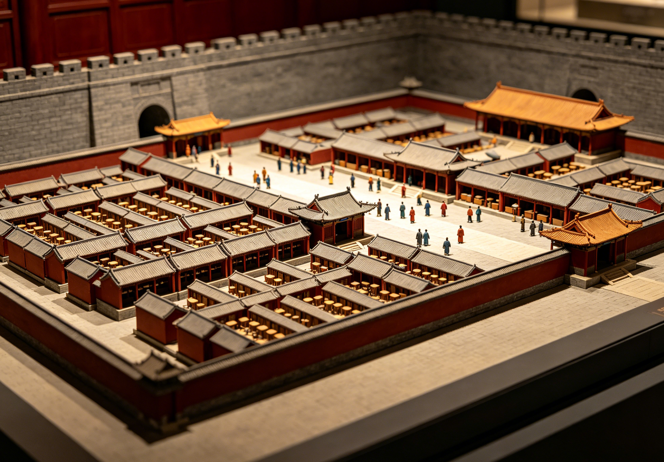 An intricate model of a historic Chinese Imperial Examination Hall made from building blocks.