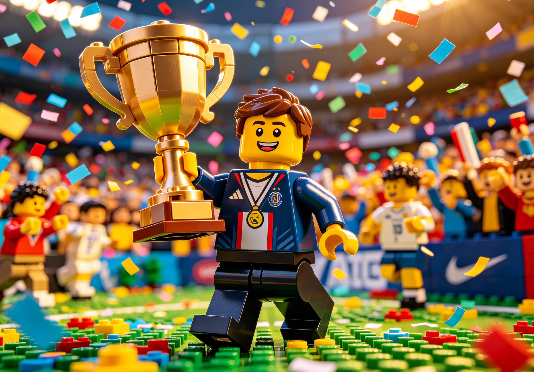 A detailed building block set depicting a celebratory soccer scene with a trophy.