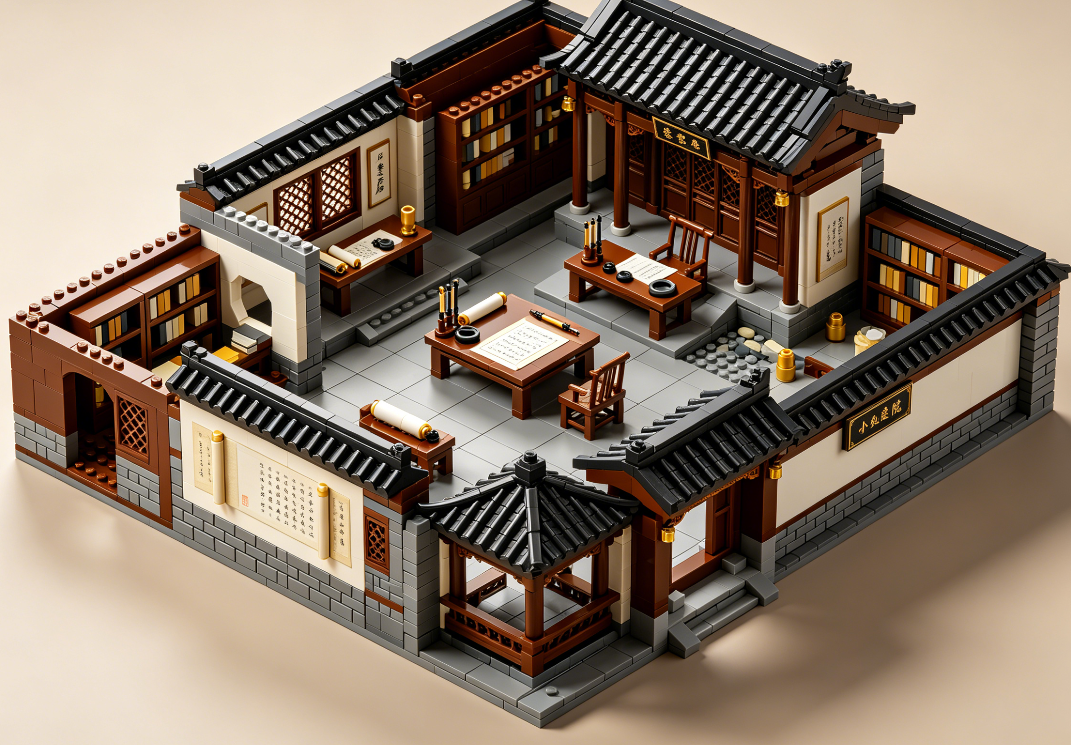 A beautifully detailed Chinese calligraphy studio built from building blocks, showcasing traditional architecture and miniature furniture.