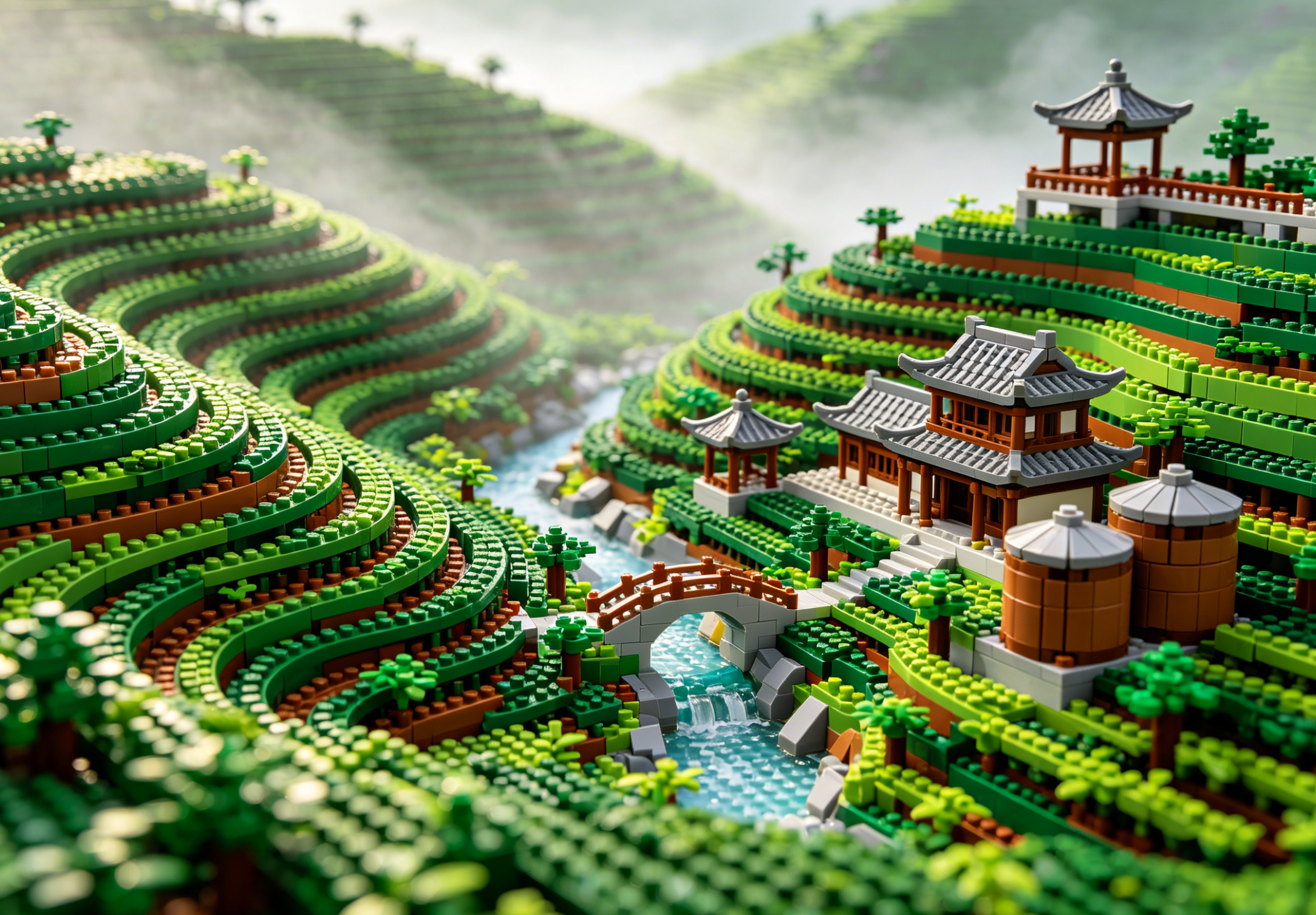 A beautifully completed ancient Chinese tea plantation model set against a neutral background.