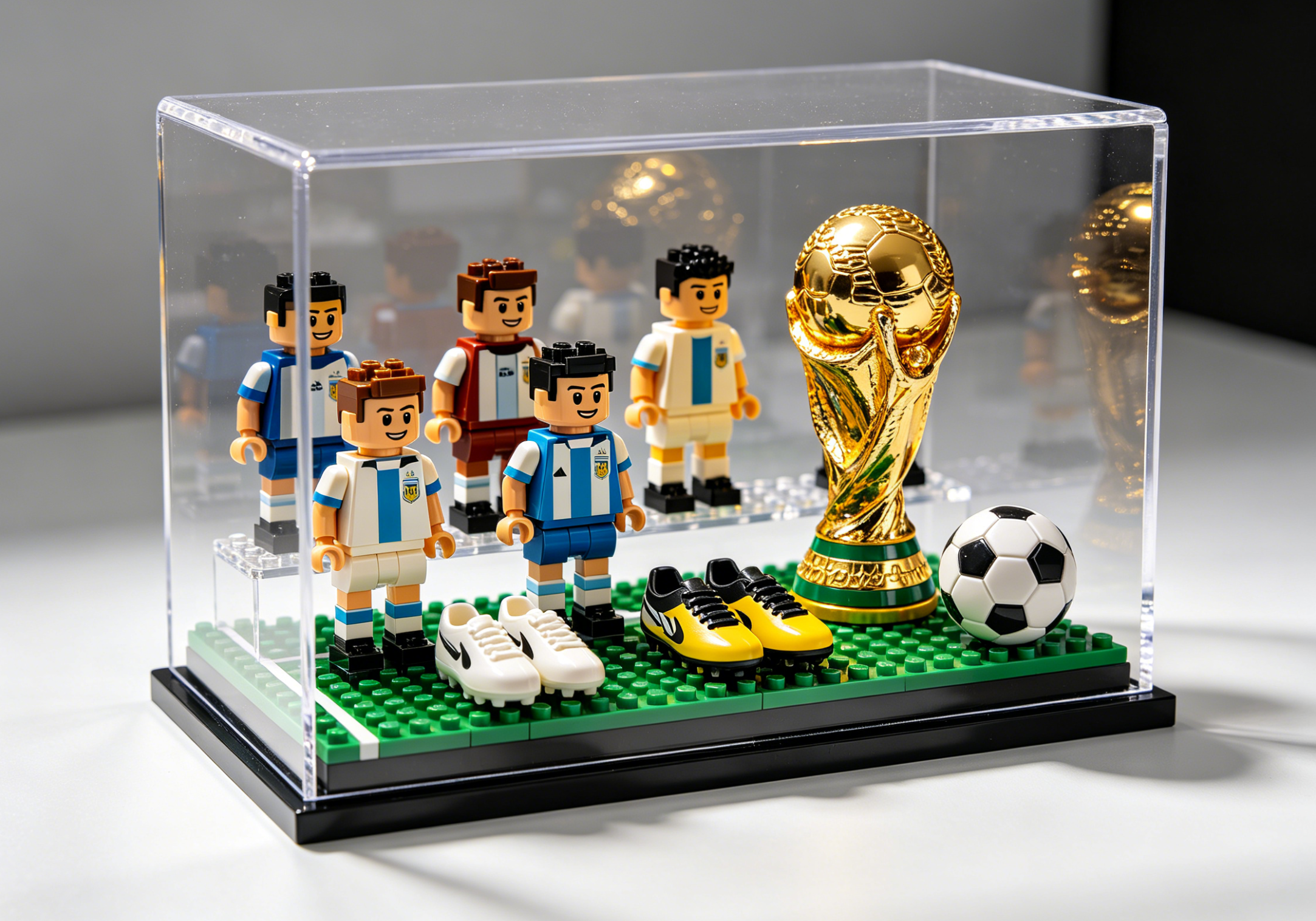 A sophisticated display of FIFA World Cup collectibles and soccer memorabilia in a modern setting.
