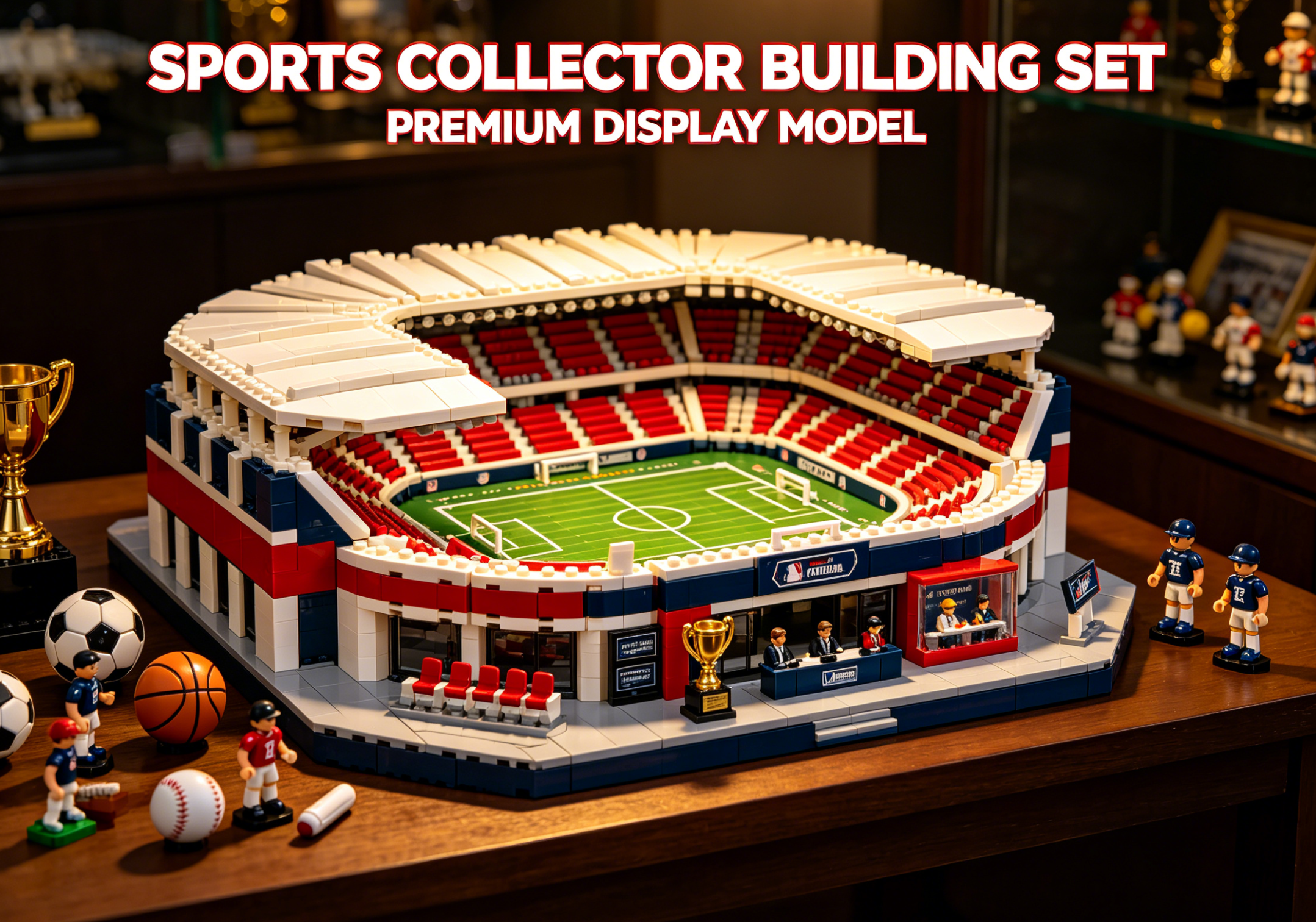 A detailed model of a sports stadium built from building blocks, showcased on a display stand.