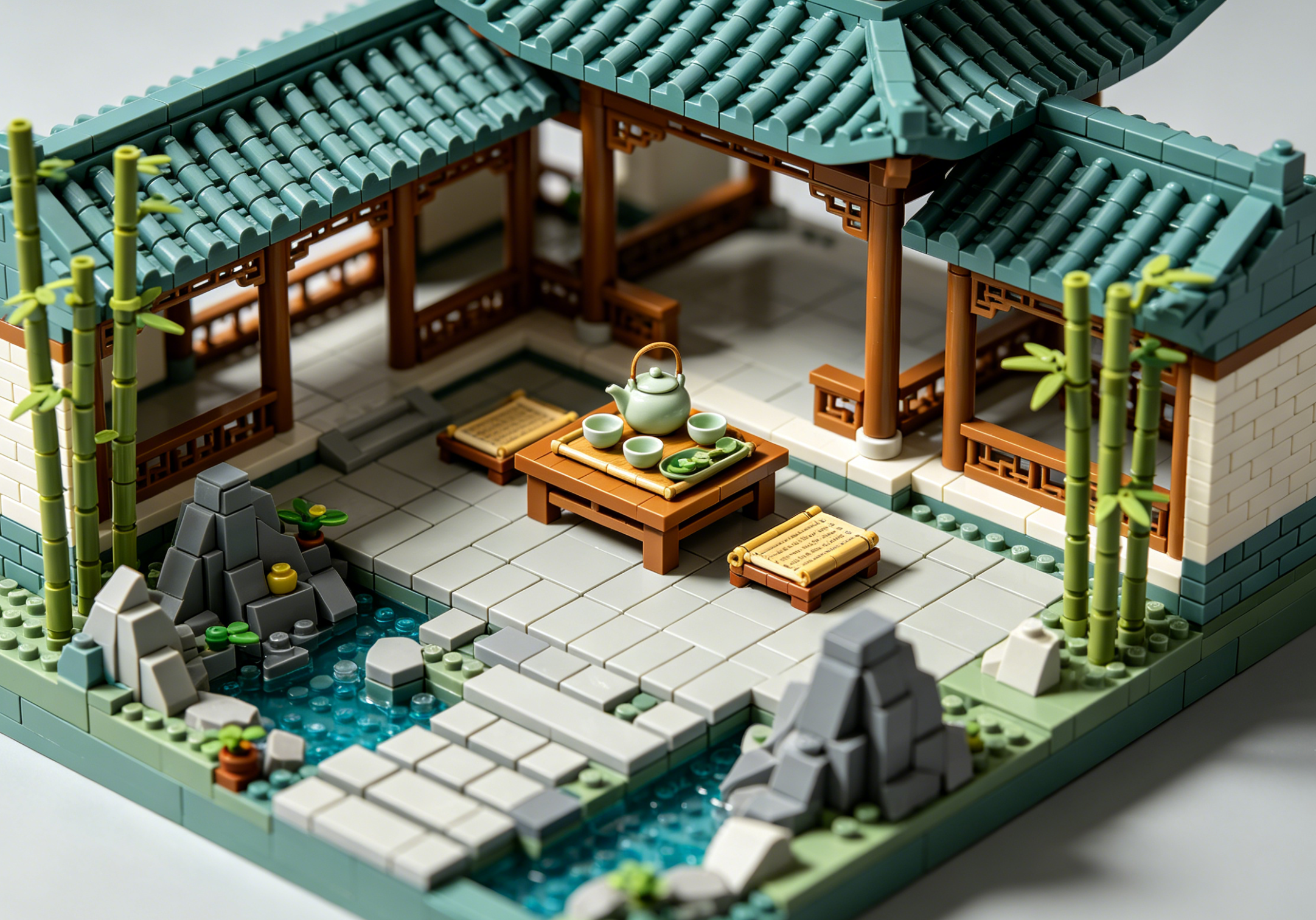 A beautifully detailed Chinese tea house model made from building blocks, set against a serene background.