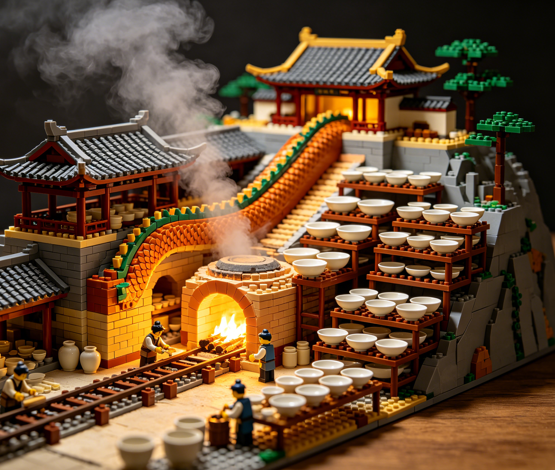 A beautifully detailed brick model of an ancient Chinese porcelain workshop with a kiln and various pottery stations.