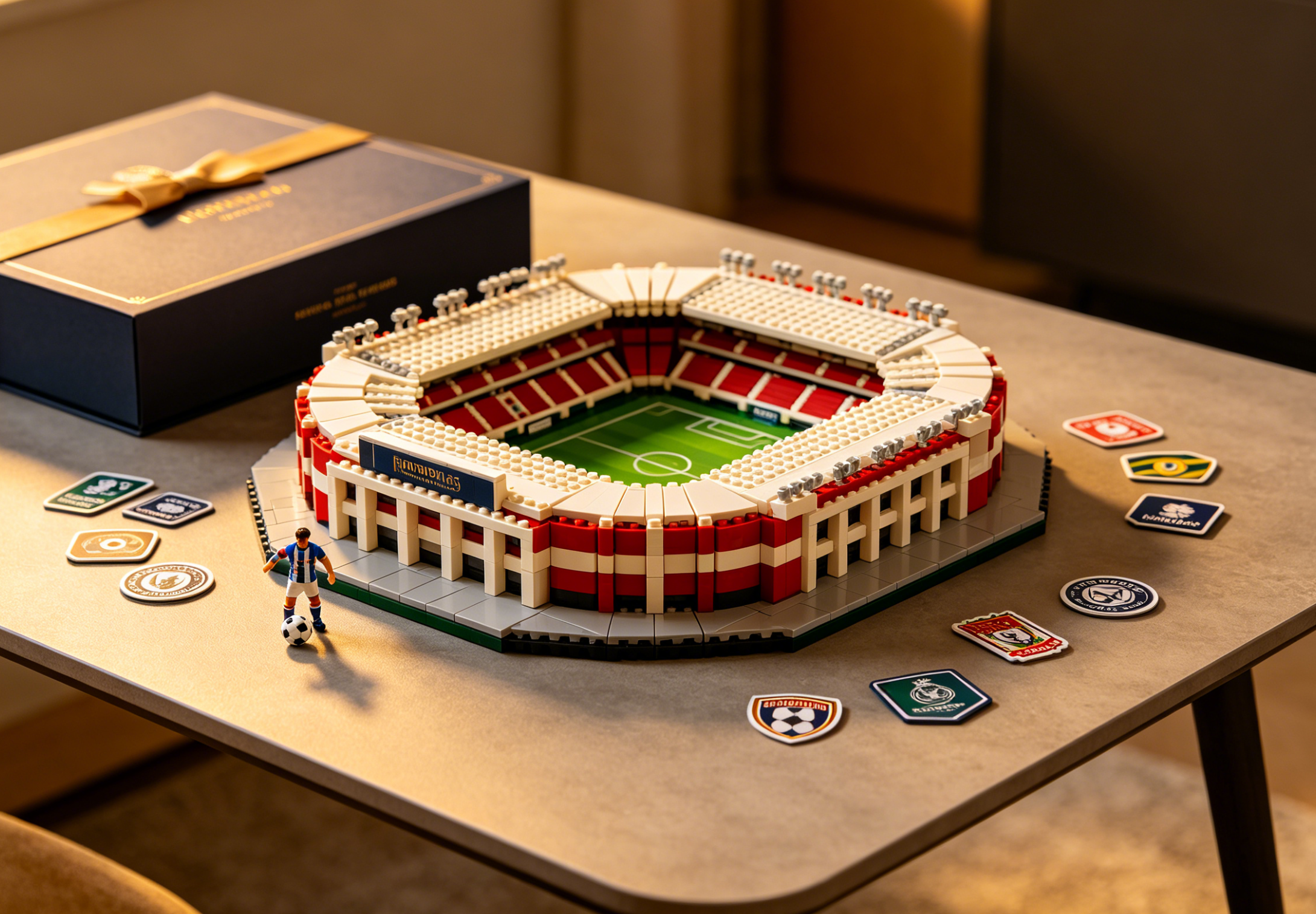 A detailed block building set replica of a famous football stadium